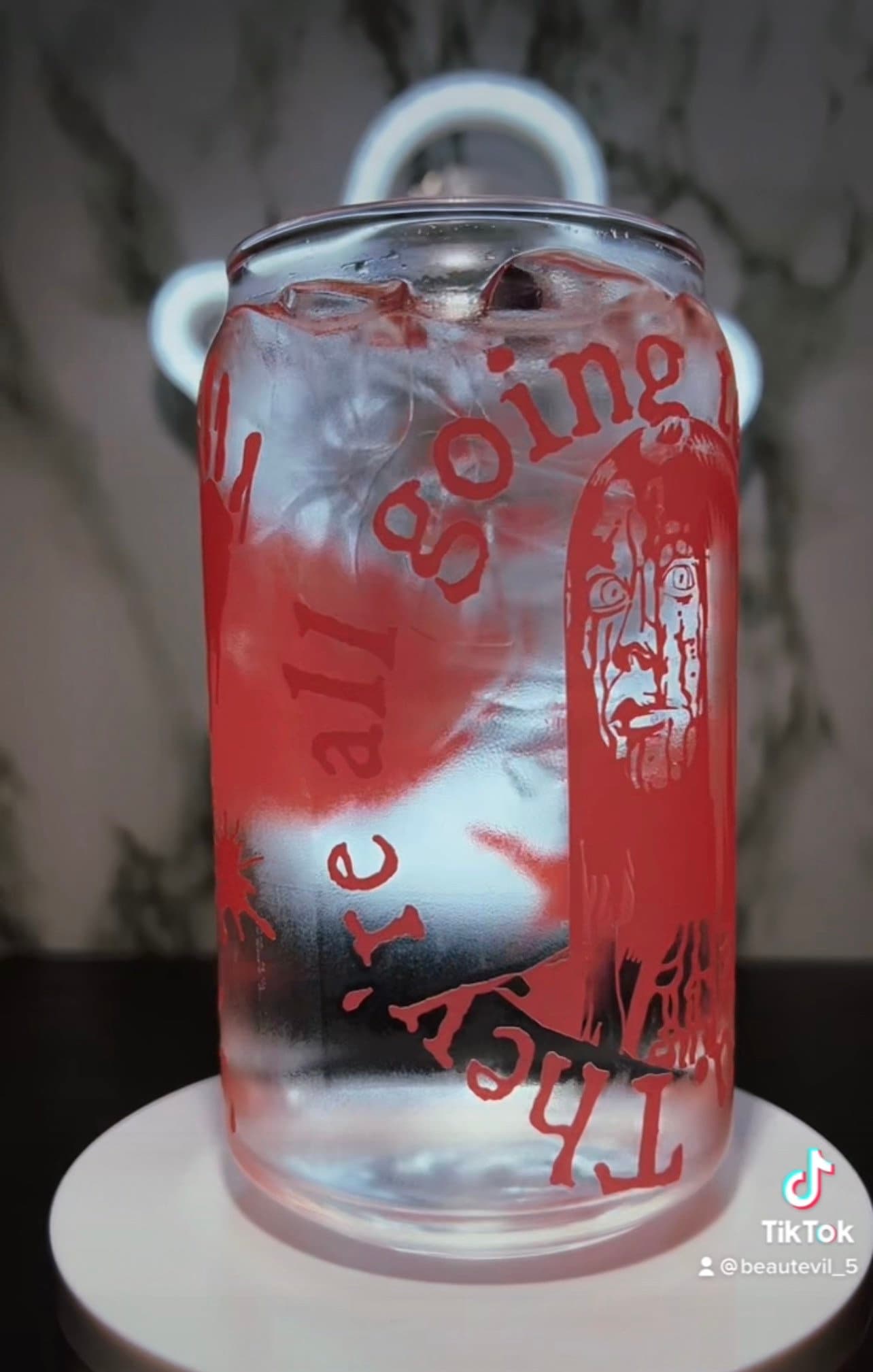 Carrie White color changing red permanent vinyl on a libbey beer can glass