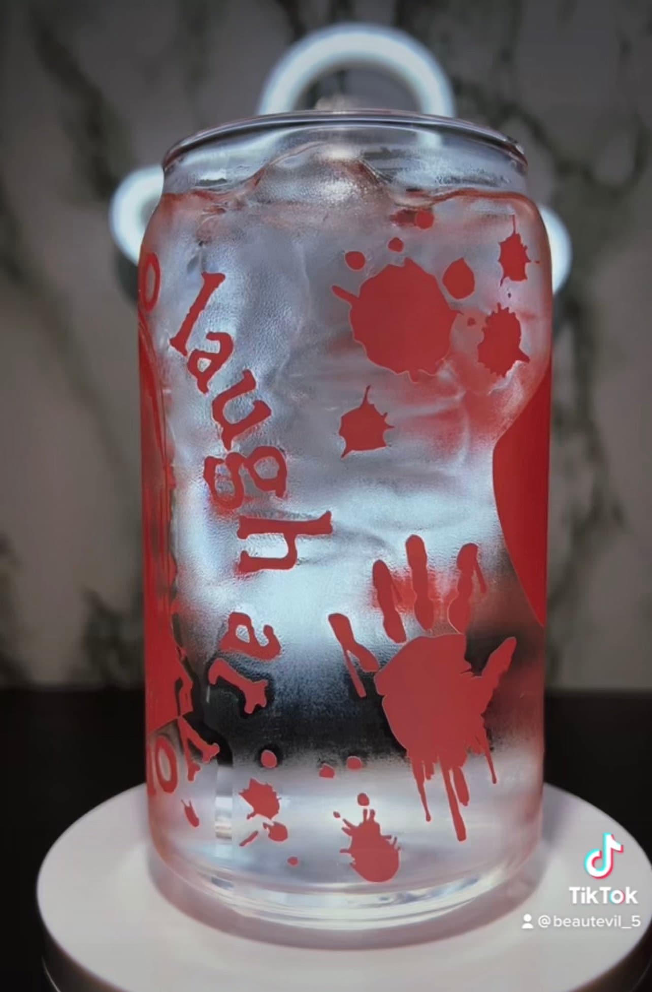 Carrie White color changing red permanent vinyl on a libbey beer can glass