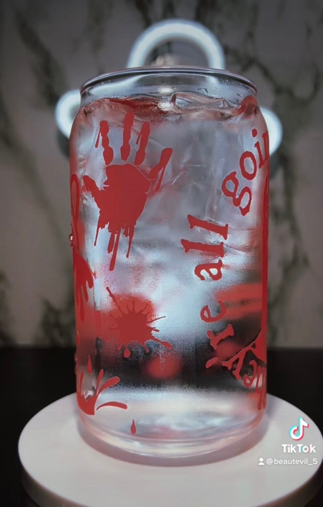 Carrie White color changing red permanent vinyl on a libbey beer can glass