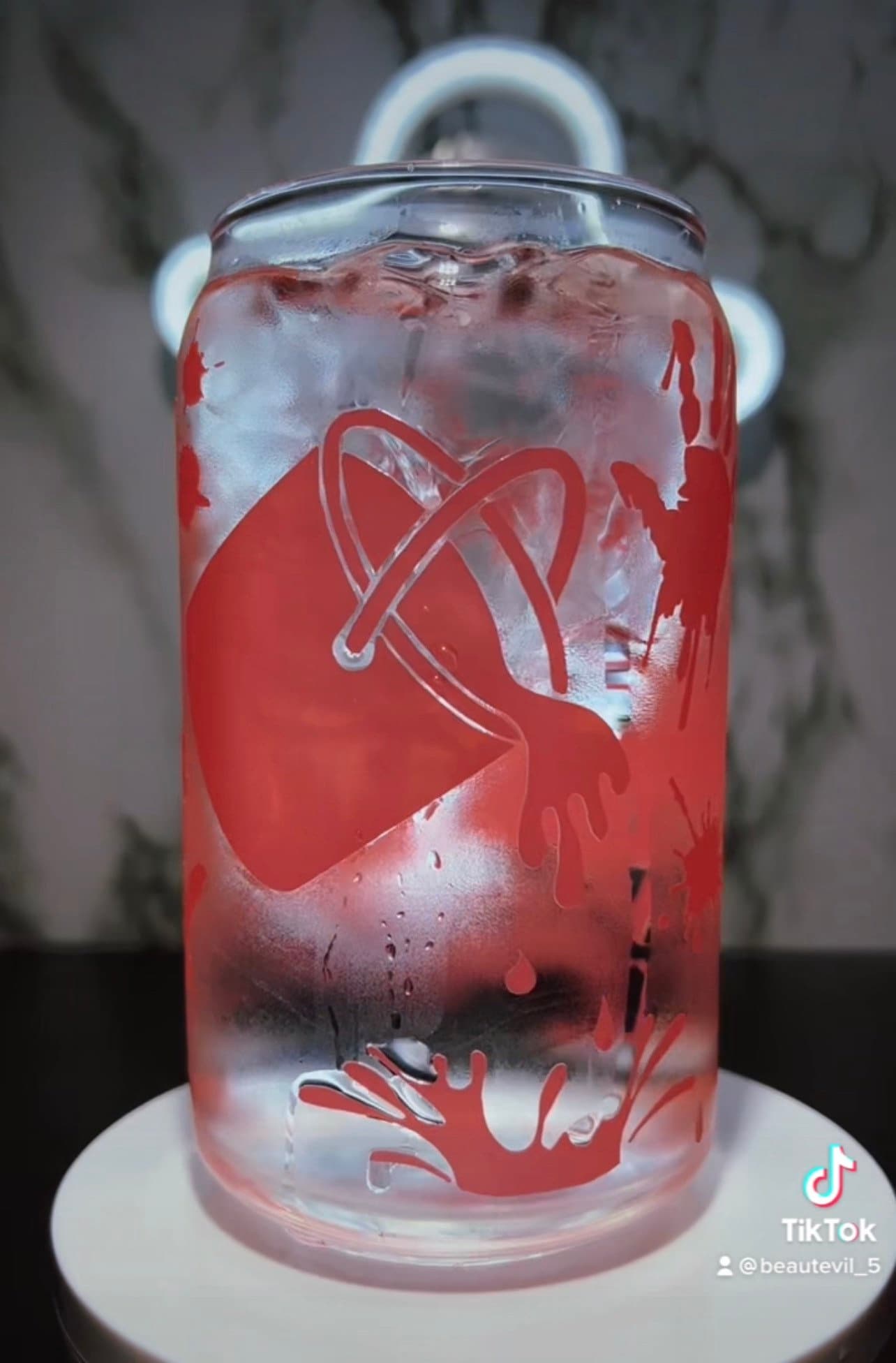 Carrie White color changing red permanent vinyl on a libbey beer can glass