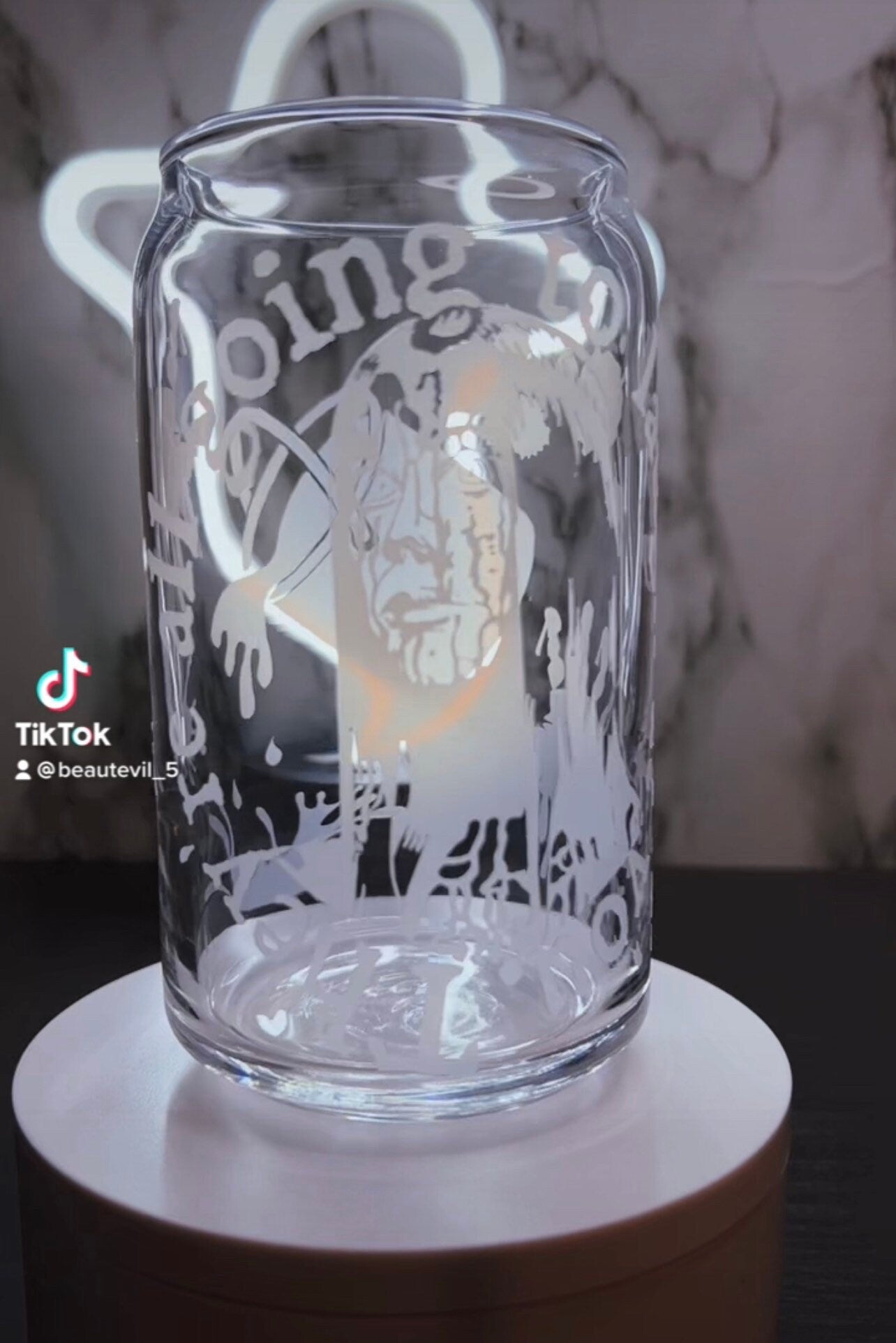 Carrie White color changing red permanent vinyl on a libbey beer can glass