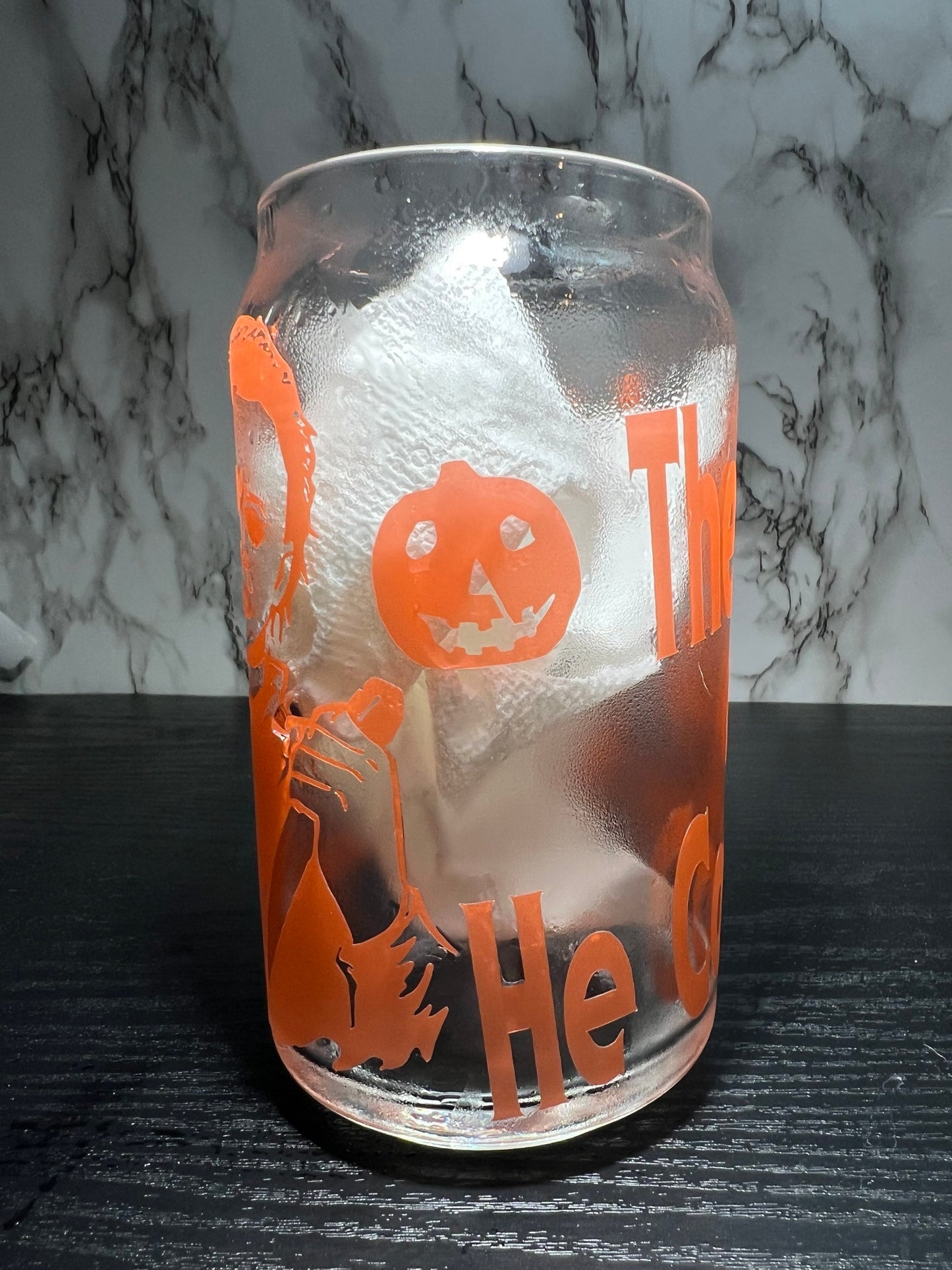 Michael Myers color changing orange permanent vinyl on libbey beer can glass