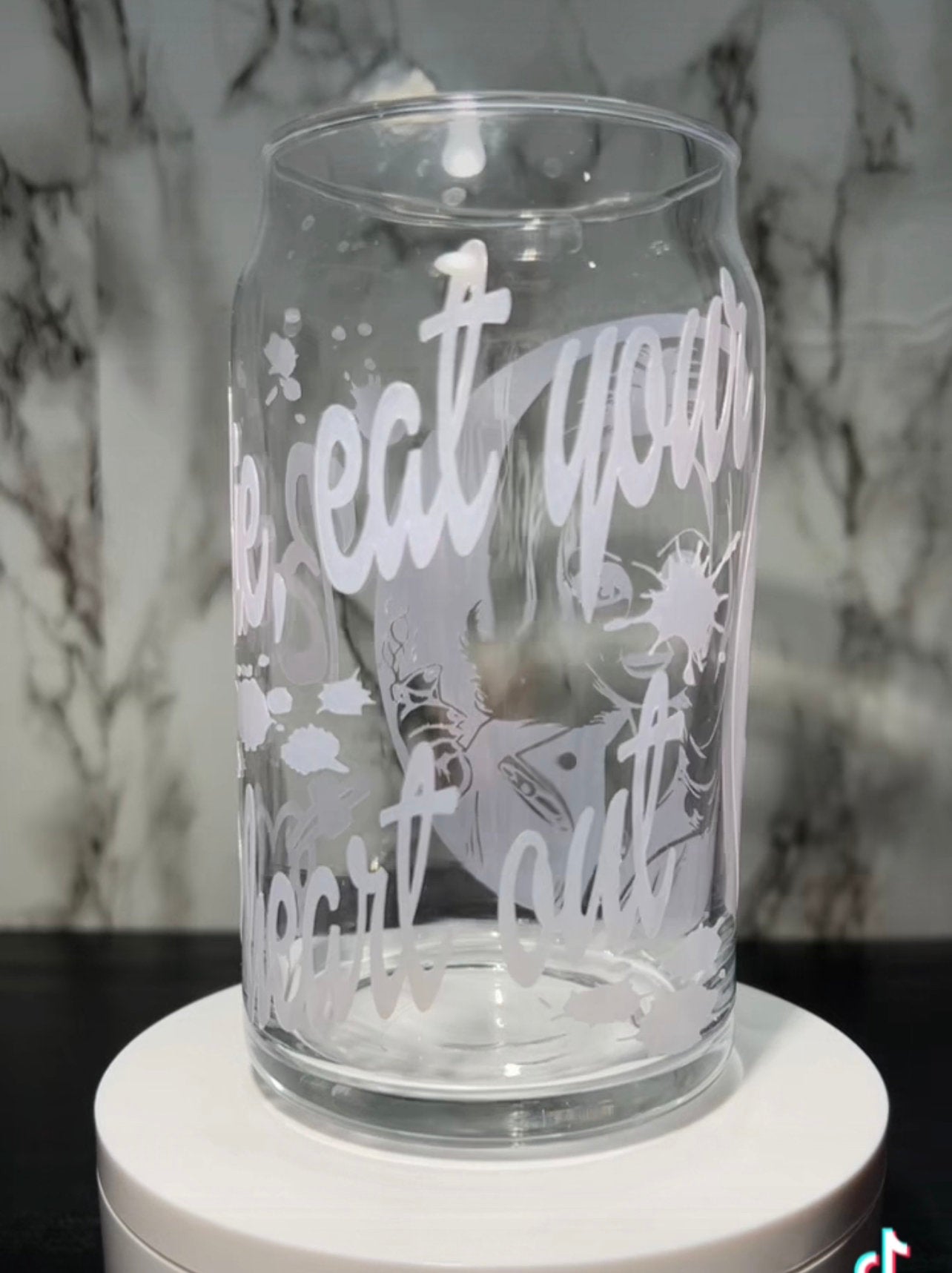 Tiffany Bride of Chucky Child’s Play color changing permanent vinyl on a libbey beer can glass