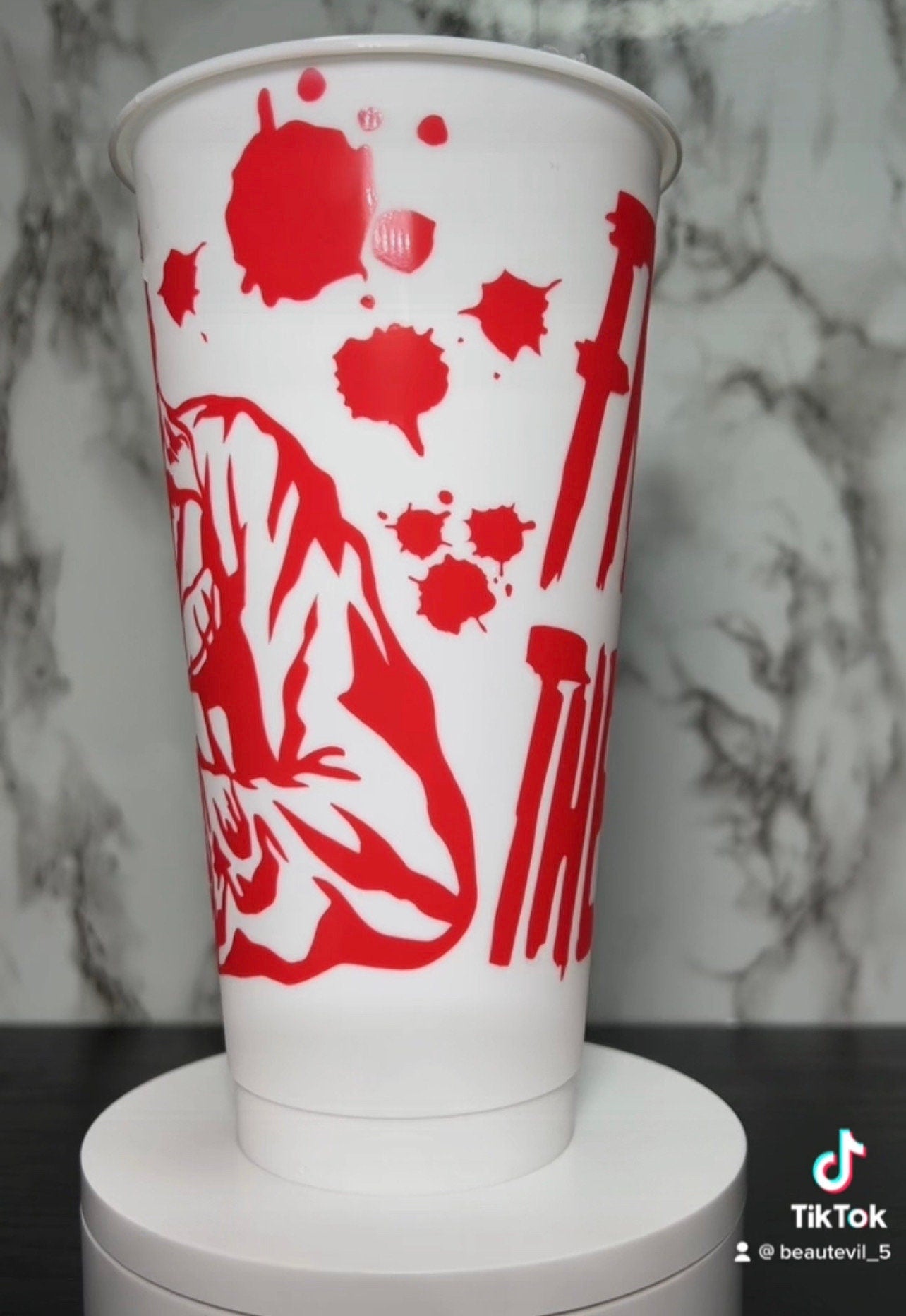 All RED Jason Voorhees Friday the 13th color changing permanent vinyl on all white cold cup