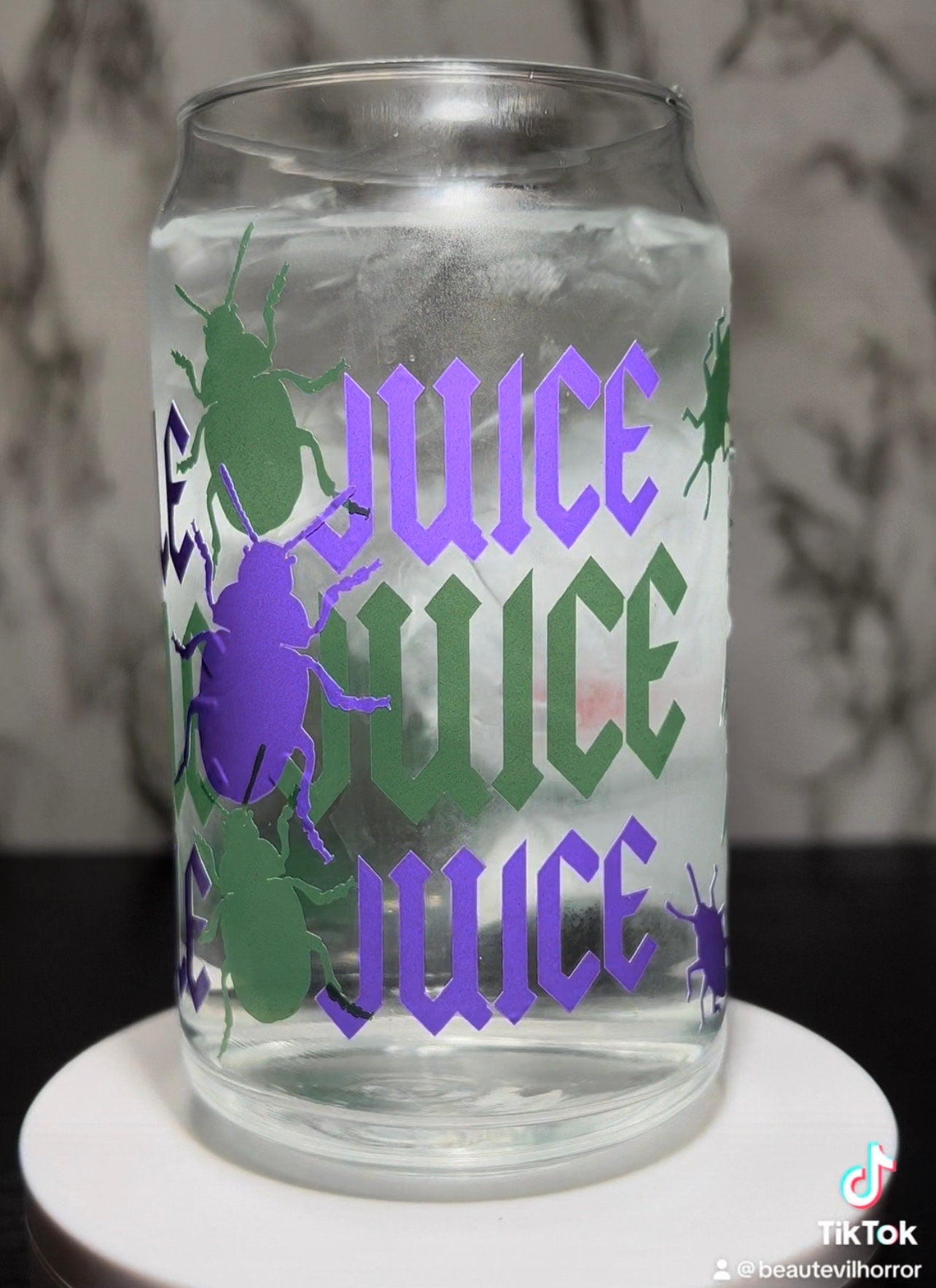 Beetlejuice color changing permanent vinyl on a libbey beer can glass