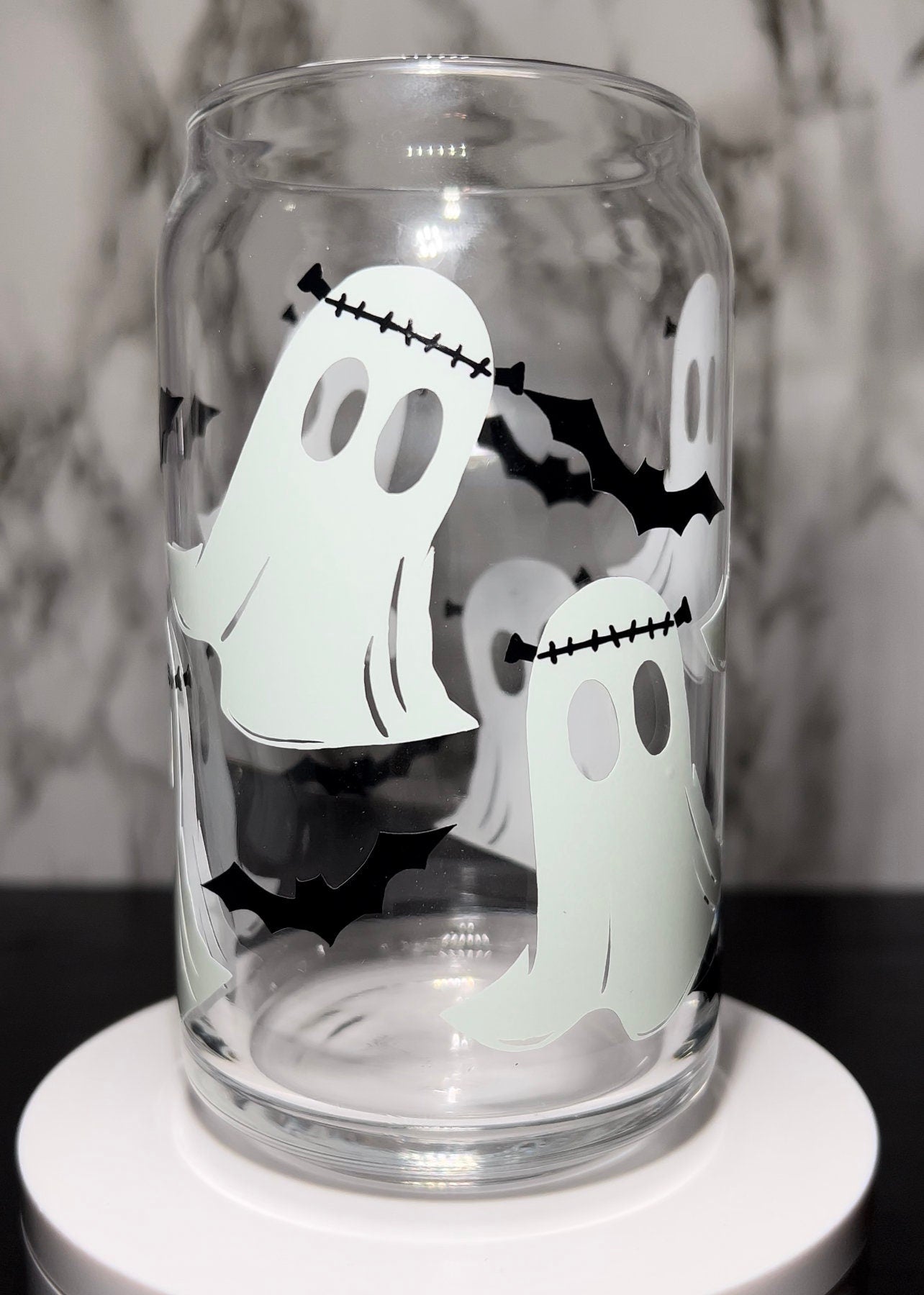 Frankenstein Ghosts color changing green permanent vinyl on a libbey beer can glass