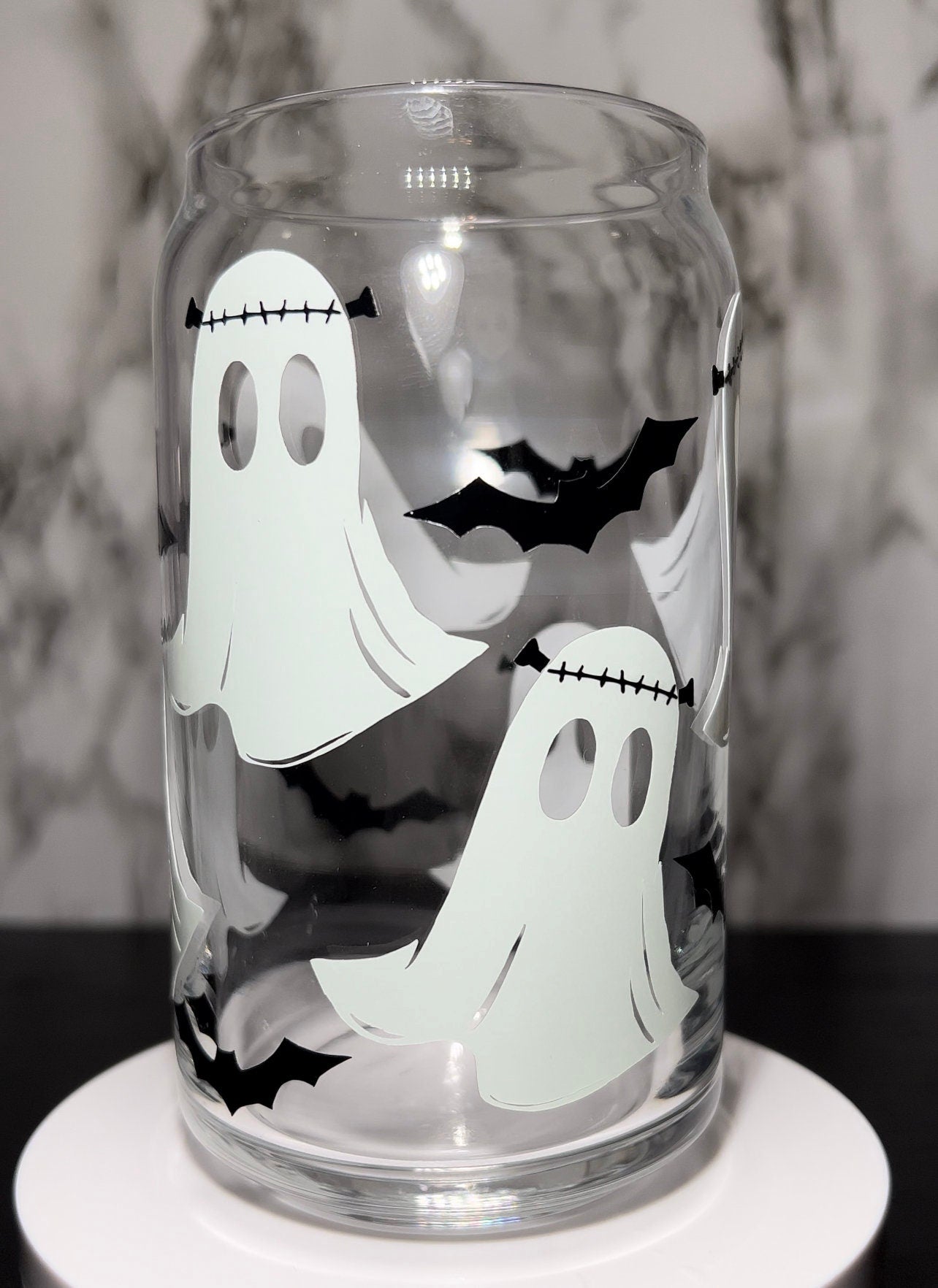 Frankenstein Ghosts color changing green permanent vinyl on a libbey beer can glass