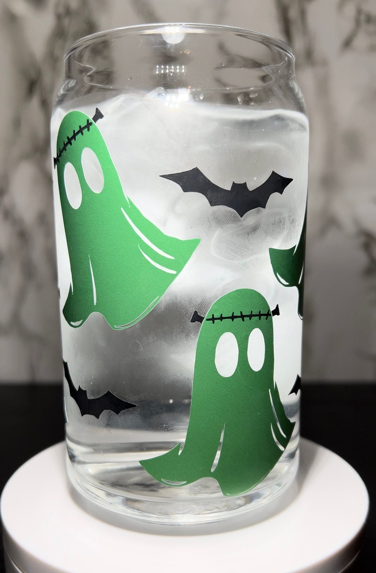 Frankenstein Ghosts color changing green permanent vinyl on a libbey beer can glass