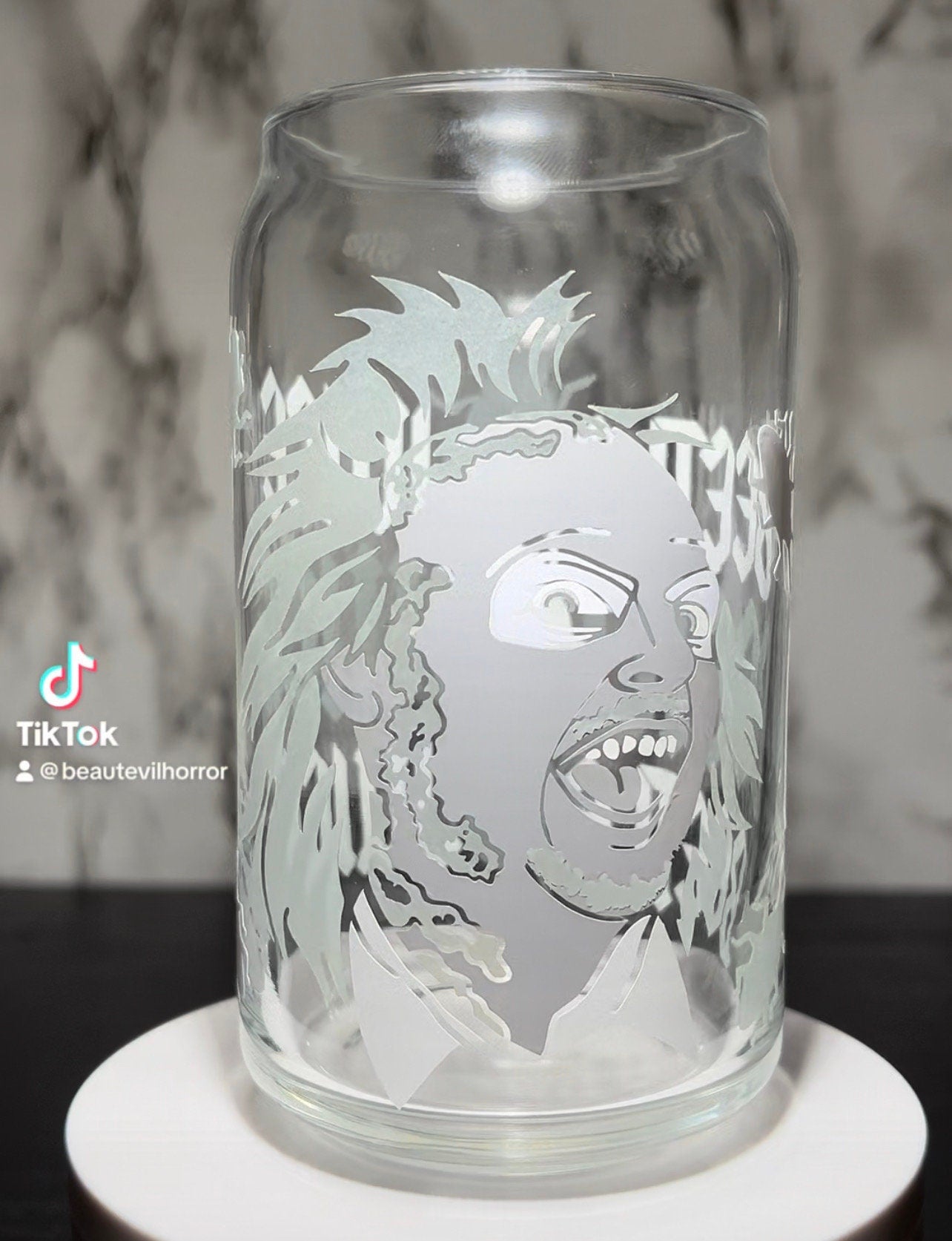 Beetlejuice color changing permanent vinyl on a libbey beer can glass