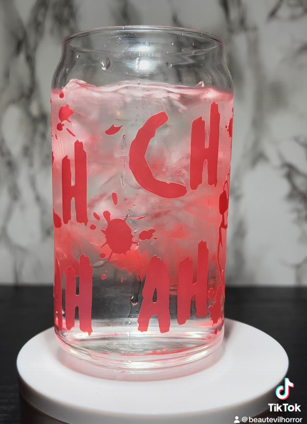 All RED Ch Ch Ch Ah Ah Ah Jason Voorhees Friday the 13th color changing permanent vinyl on libbey beer can glass