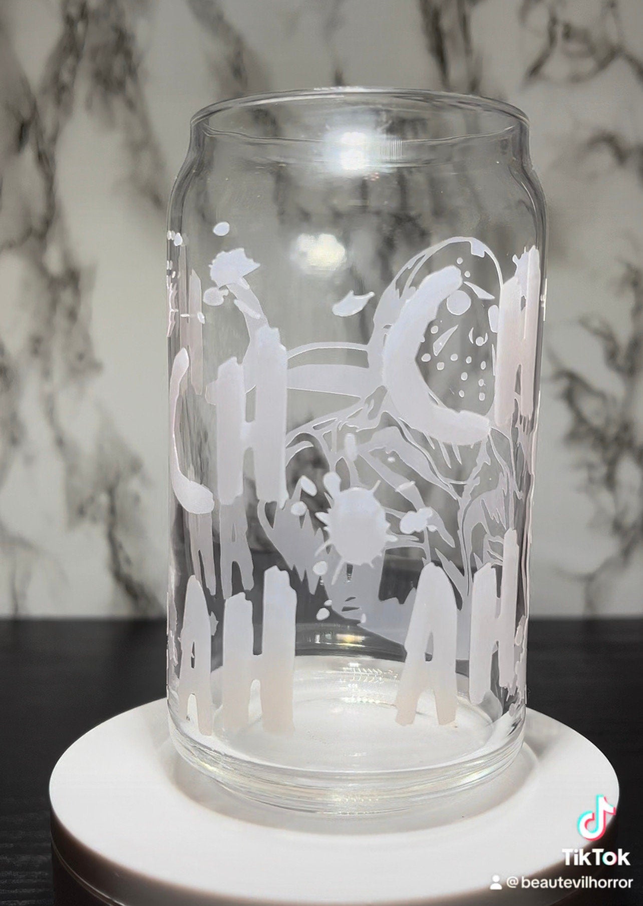 All RED Ch Ch Ch Ah Ah Ah Jason Voorhees Friday the 13th color changing permanent vinyl on libbey beer can glass