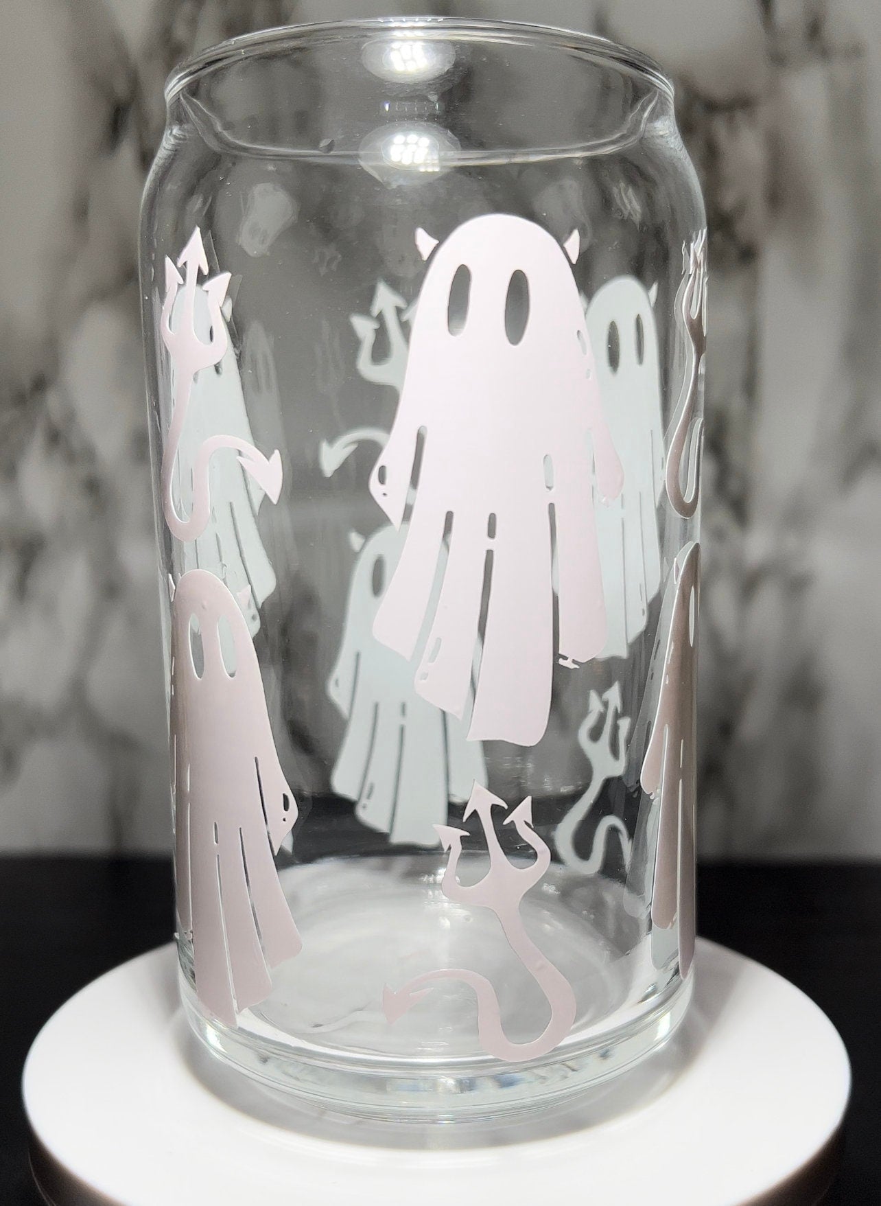 Devil Ghosts cold color changing permanent vinyl on a libbey beer can glass