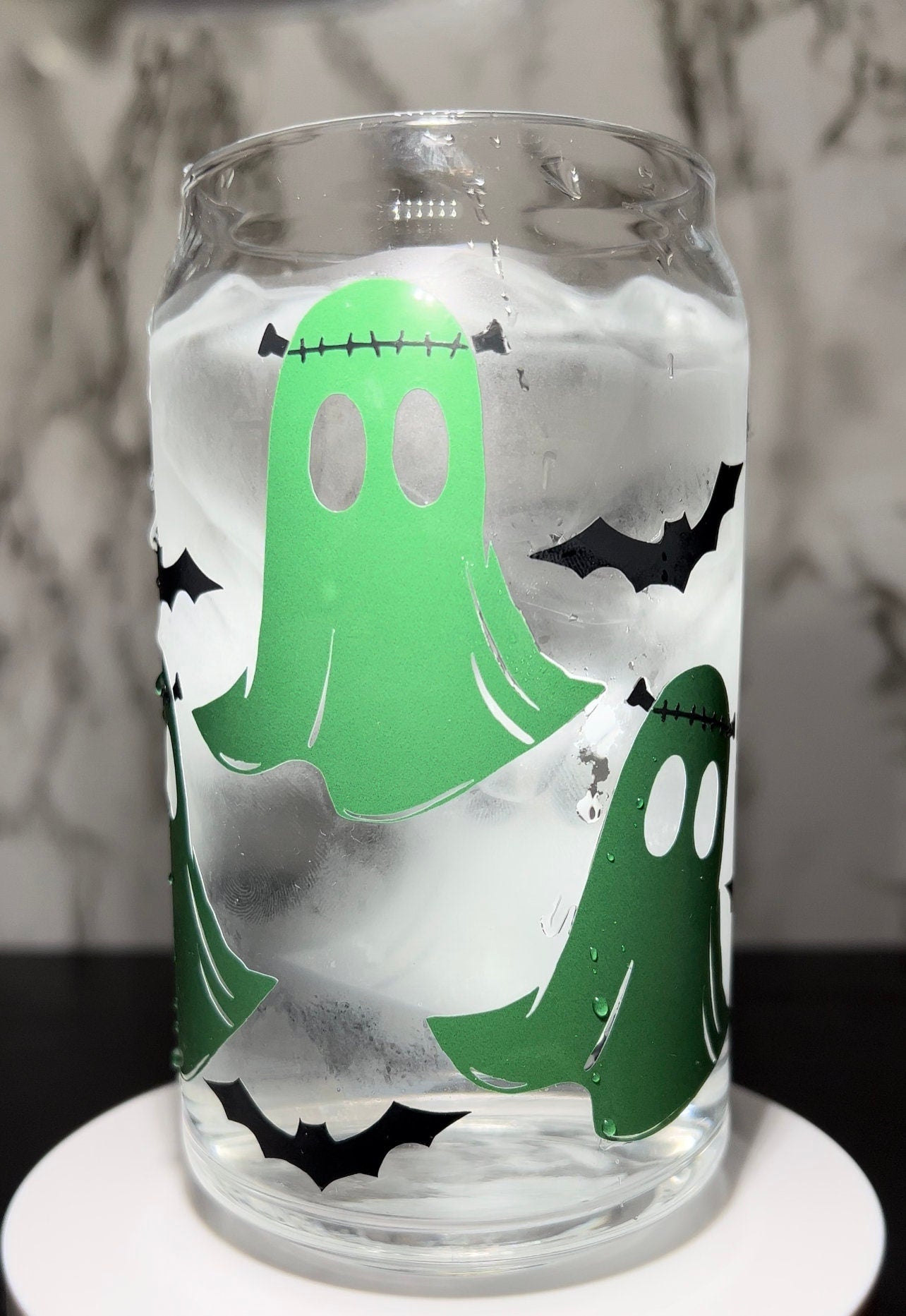 Frankenstein Ghosts color changing green permanent vinyl on a libbey beer can glass