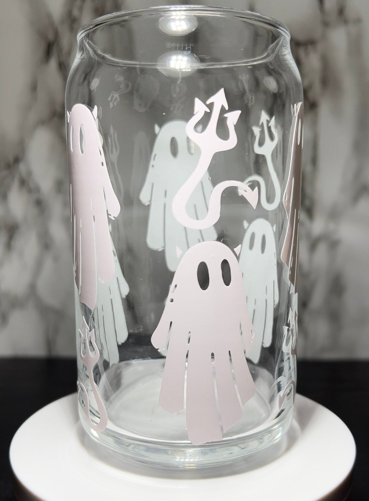 Devil Ghosts cold color changing permanent vinyl on a libbey beer can glass