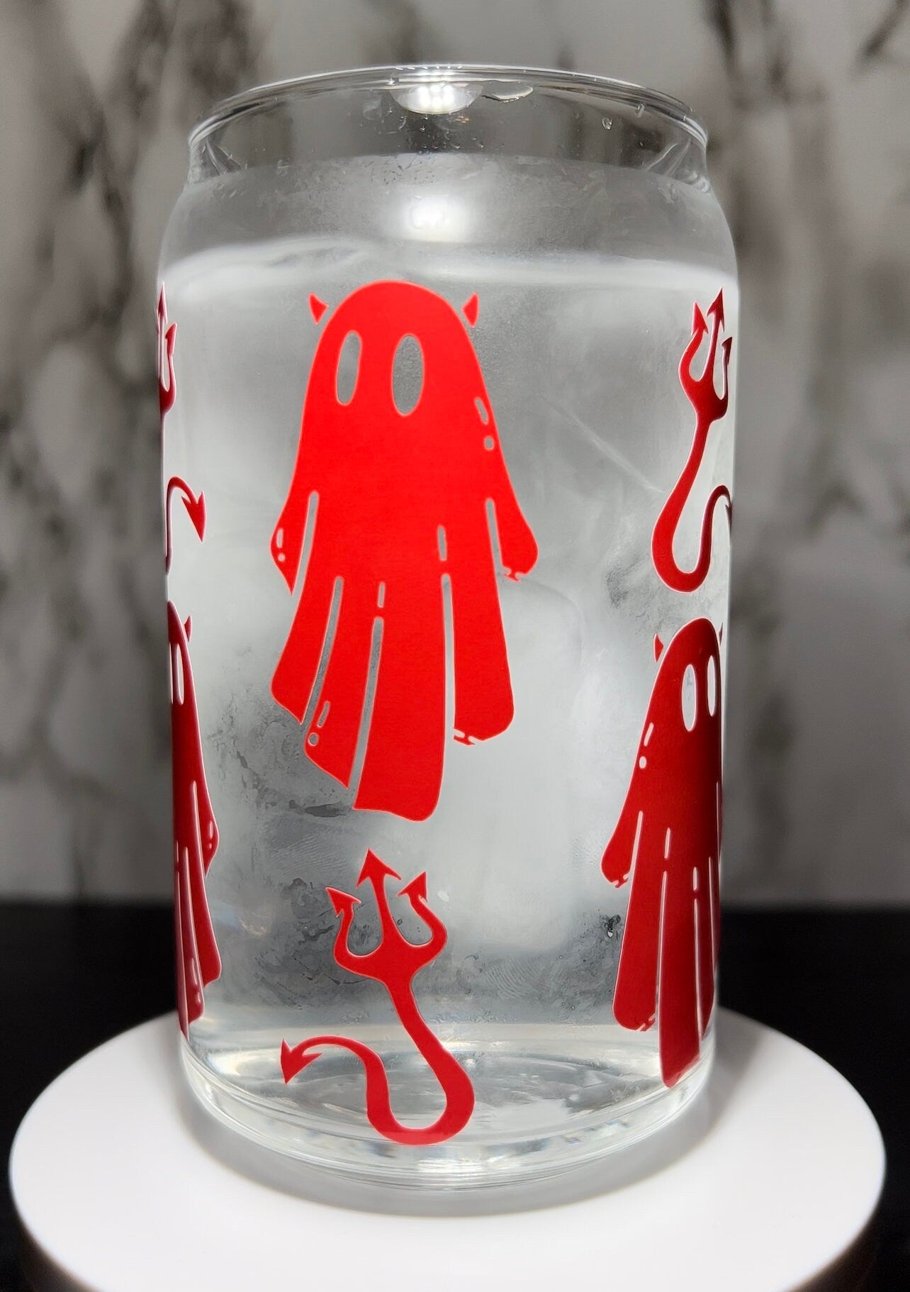 Devil Ghosts cold color changing permanent vinyl on a libbey beer can glass