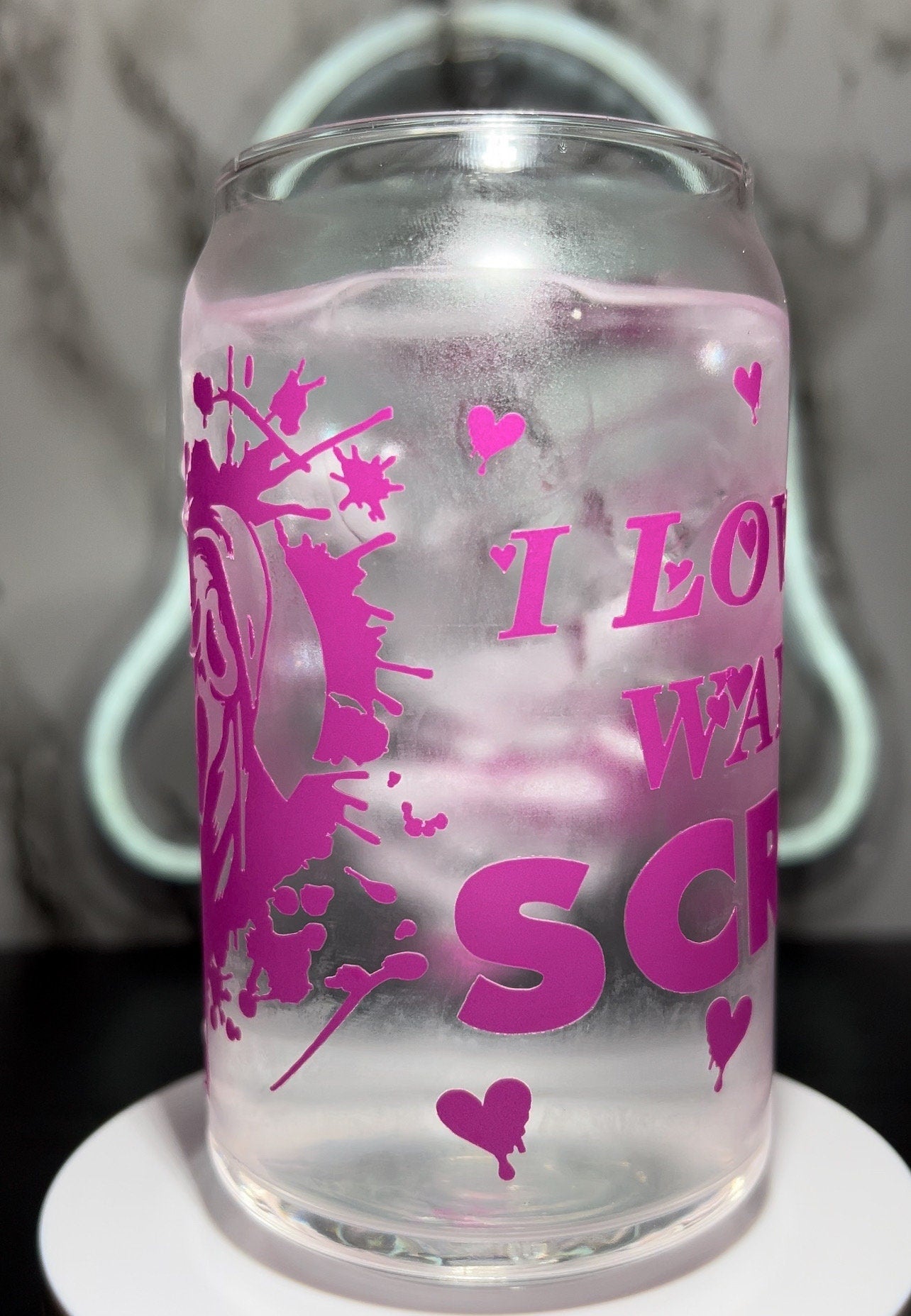 Valentine's Day Scream Ghostface cold rose pink color changing permanent vinyl on a libbey beer can glass.