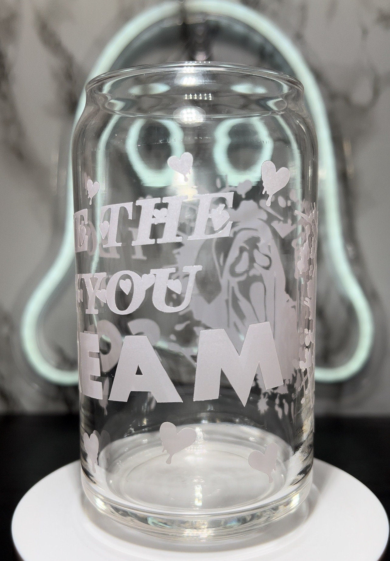 Valentine's Day Scream Ghostface cold rose pink color changing permanent vinyl on a libbey beer can glass.