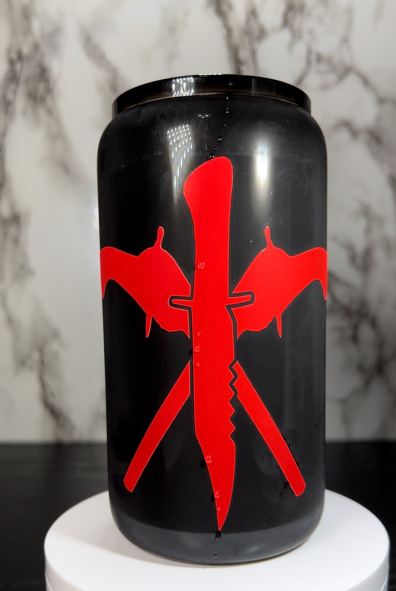 The Family Business - Supernatural color changing permanent vinyl on black beer can glass with matching acrylic lid & reusable straw.