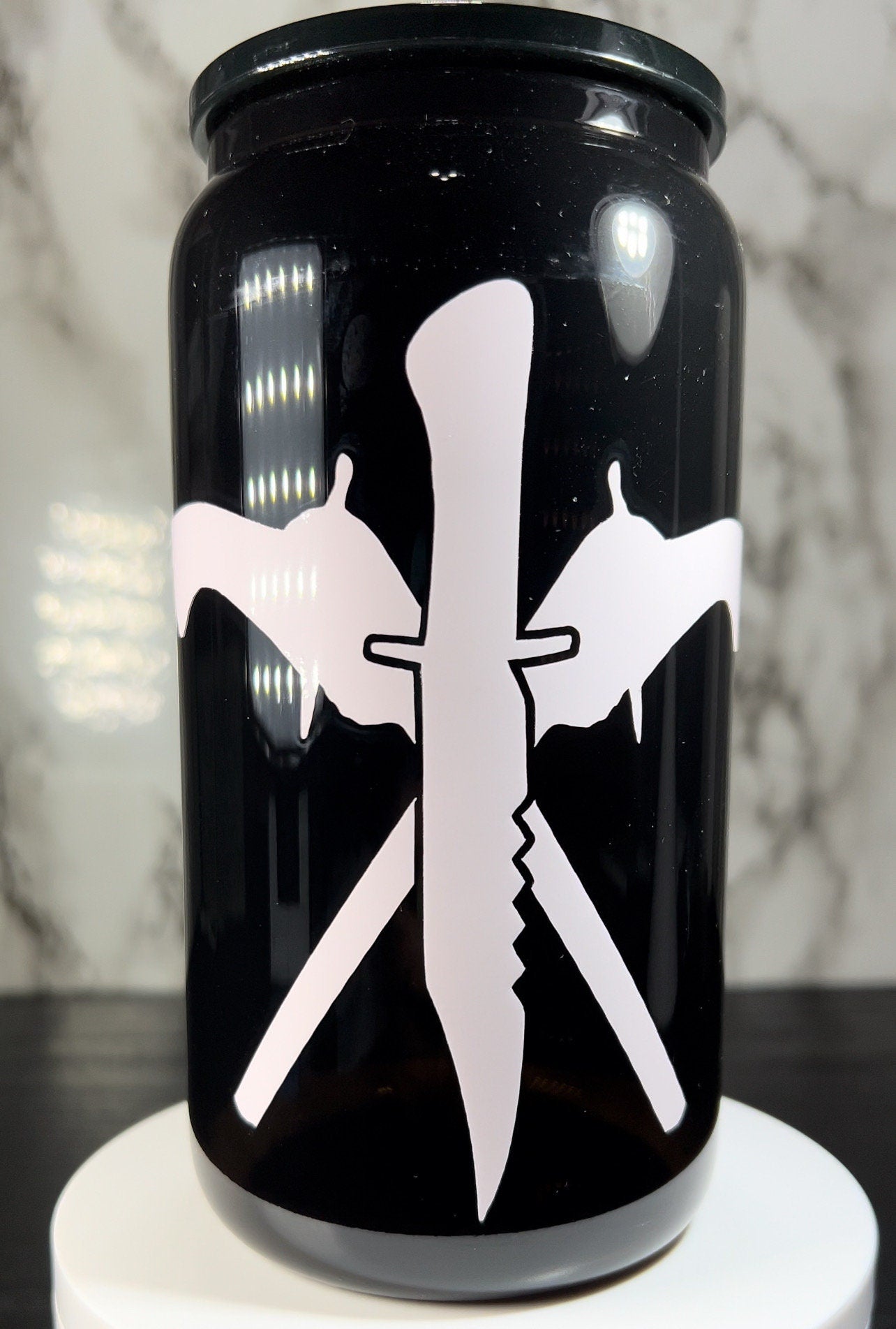 The Family Business - Supernatural color changing permanent vinyl on black beer can glass with matching acrylic lid & reusable straw.
