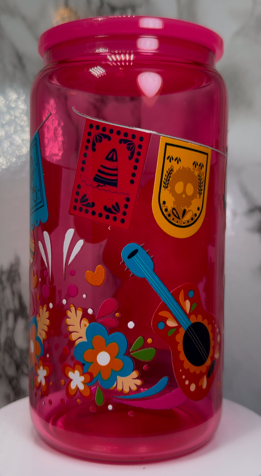 Dia De Los Muertos Hello Kitty UVDTF on a hot pink beer can glass