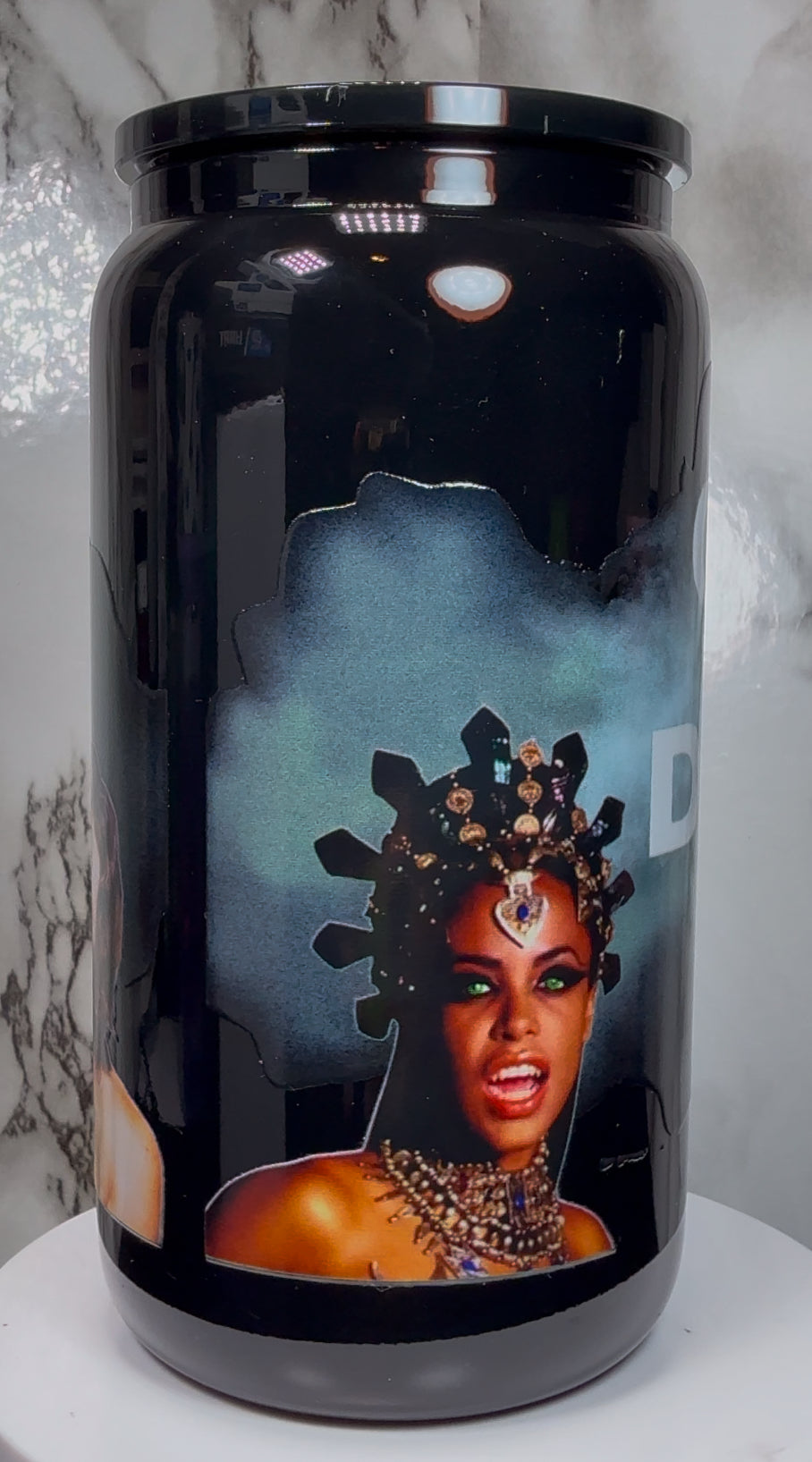 Queen of the Damned UVDTF on a black beer can glass