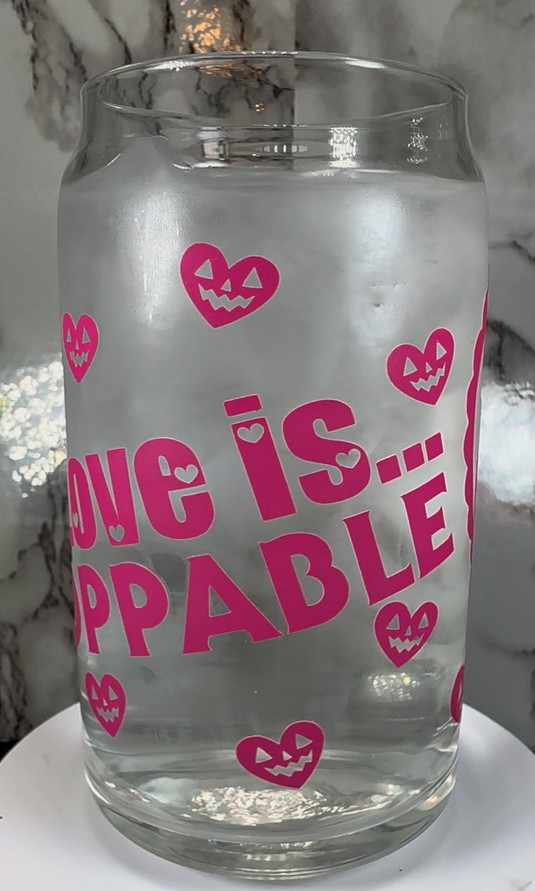 Valentine’s Day Michael Myers Halloween color changing permanent vinyl on a libbey beer can glass