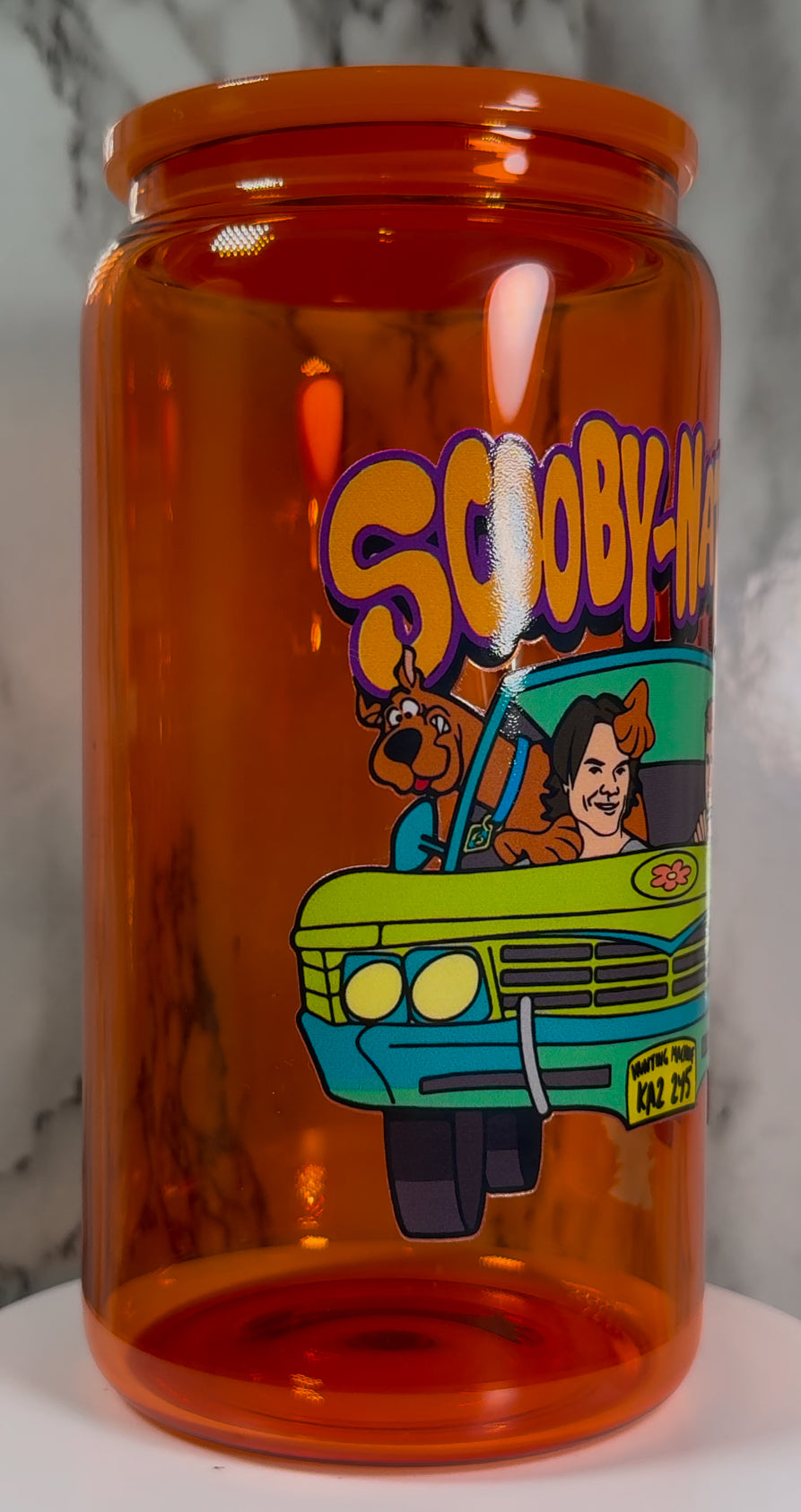 OOPSIE sale PLEASE read description!!! Supernatural Scoobynatural UVDTF on a orange beer can glass (Faults are in pictures)
