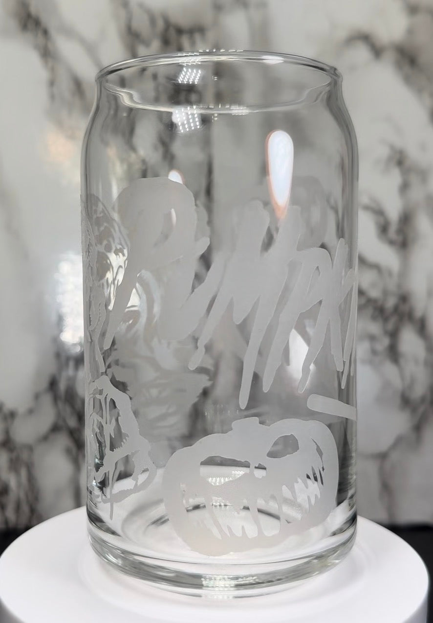 Pumpkinhead color changing orange permanent vinyl on a libbey beer can glass