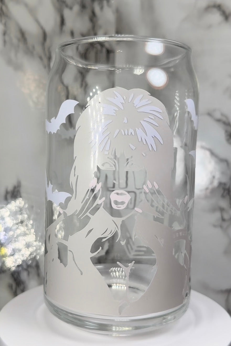 Elvira color changing black, purple and red color changing permanent vinyl on a libbey beer can glass