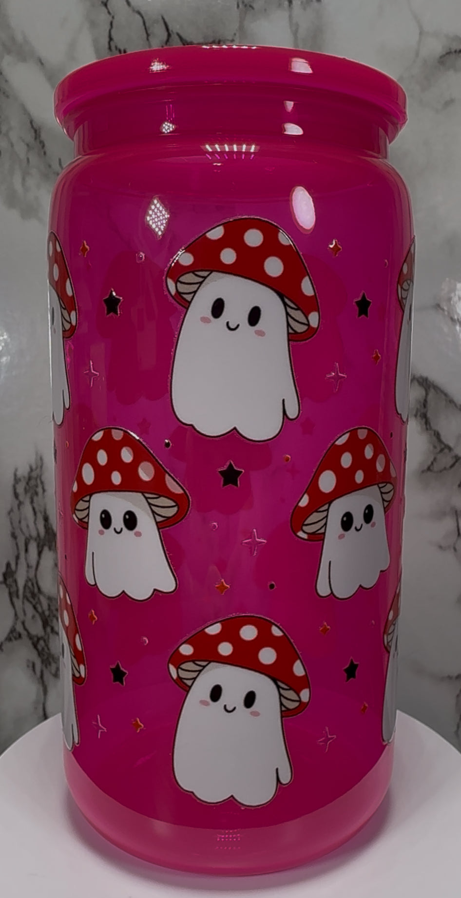 Happy Mushrooms UVDTF on a hot pink PLASTIC beer can cup