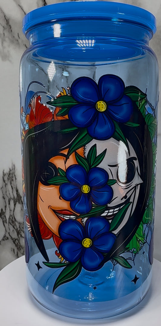 Coraline Other Mother UVDTF on a blue PLASTIC beer can cup
