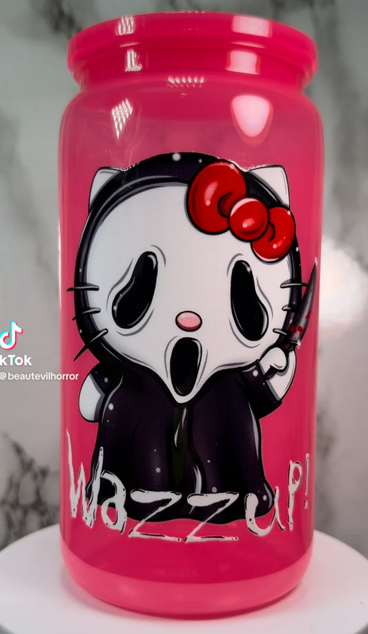 Hello Kitty Scream Ghostface UVDTF on a PLASTIC pink beer can cup