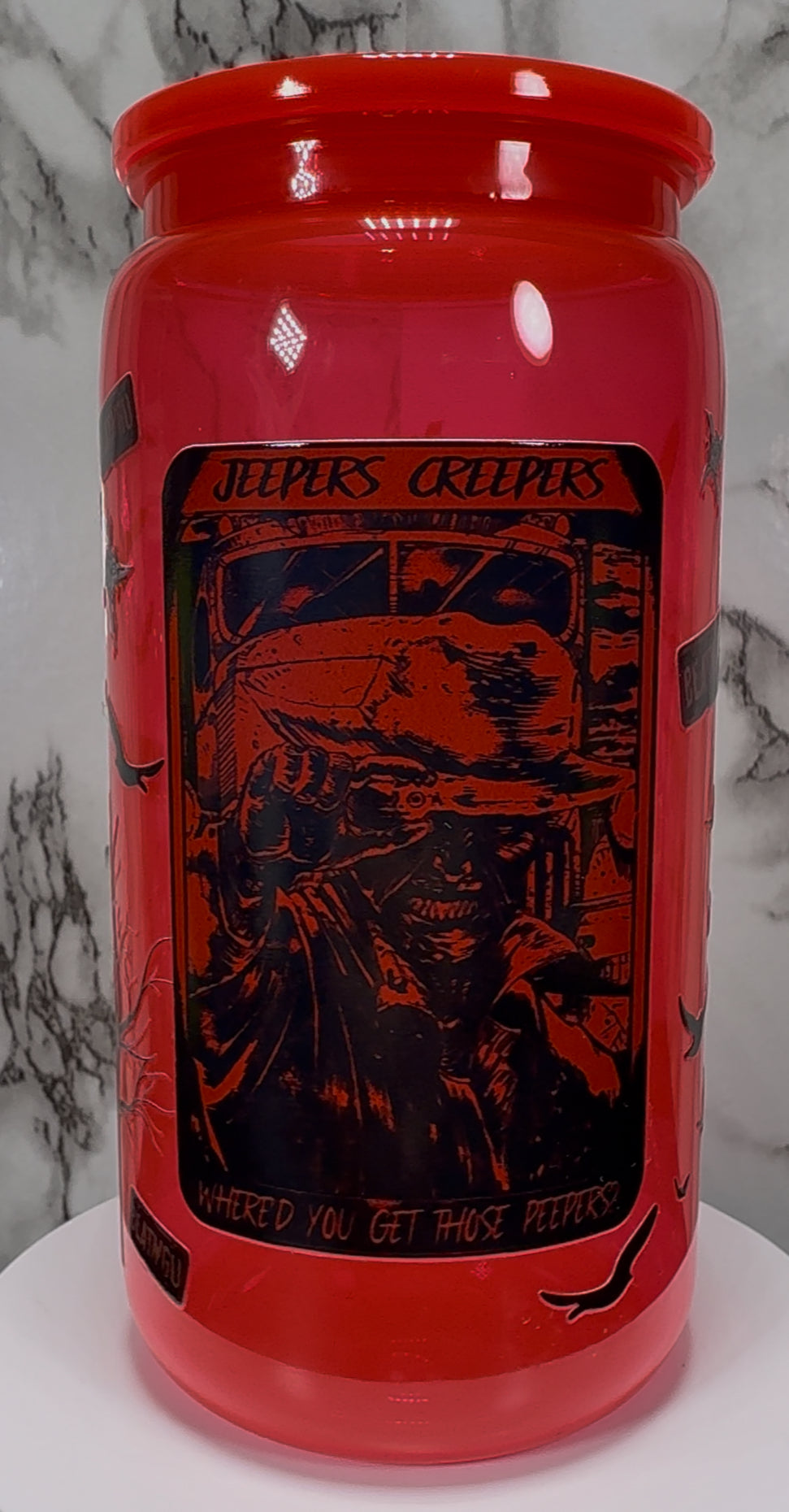 Jeepers Creepers UVDTF on a bright red PLASTIC beer can cup