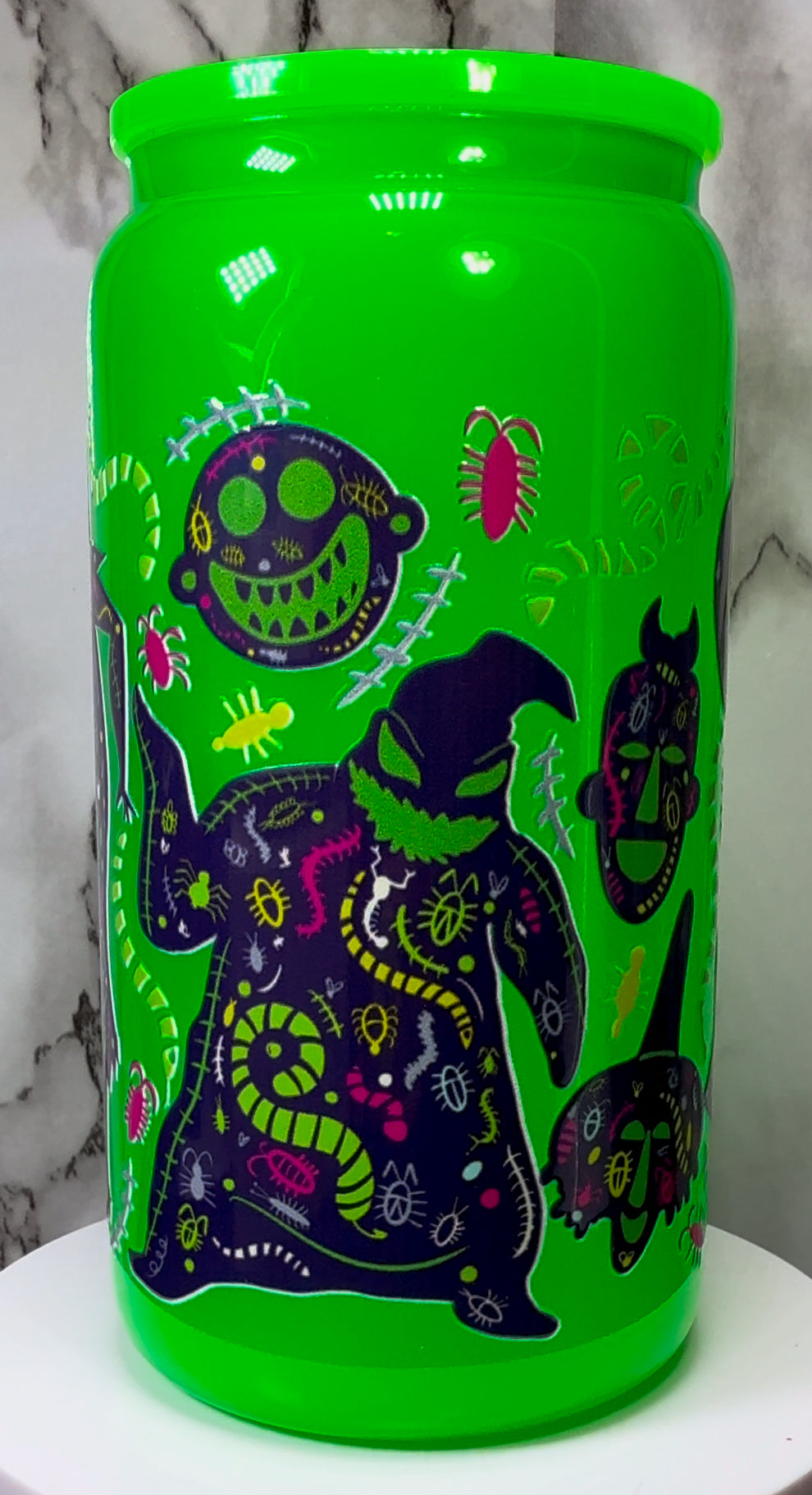 Nightmare Before Christmas UVDTF on a bright green beer can glass