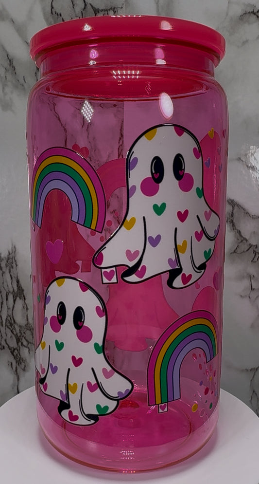 Rainbow Ghosts UVDTF on a hot pink PLASTIC beer can cup