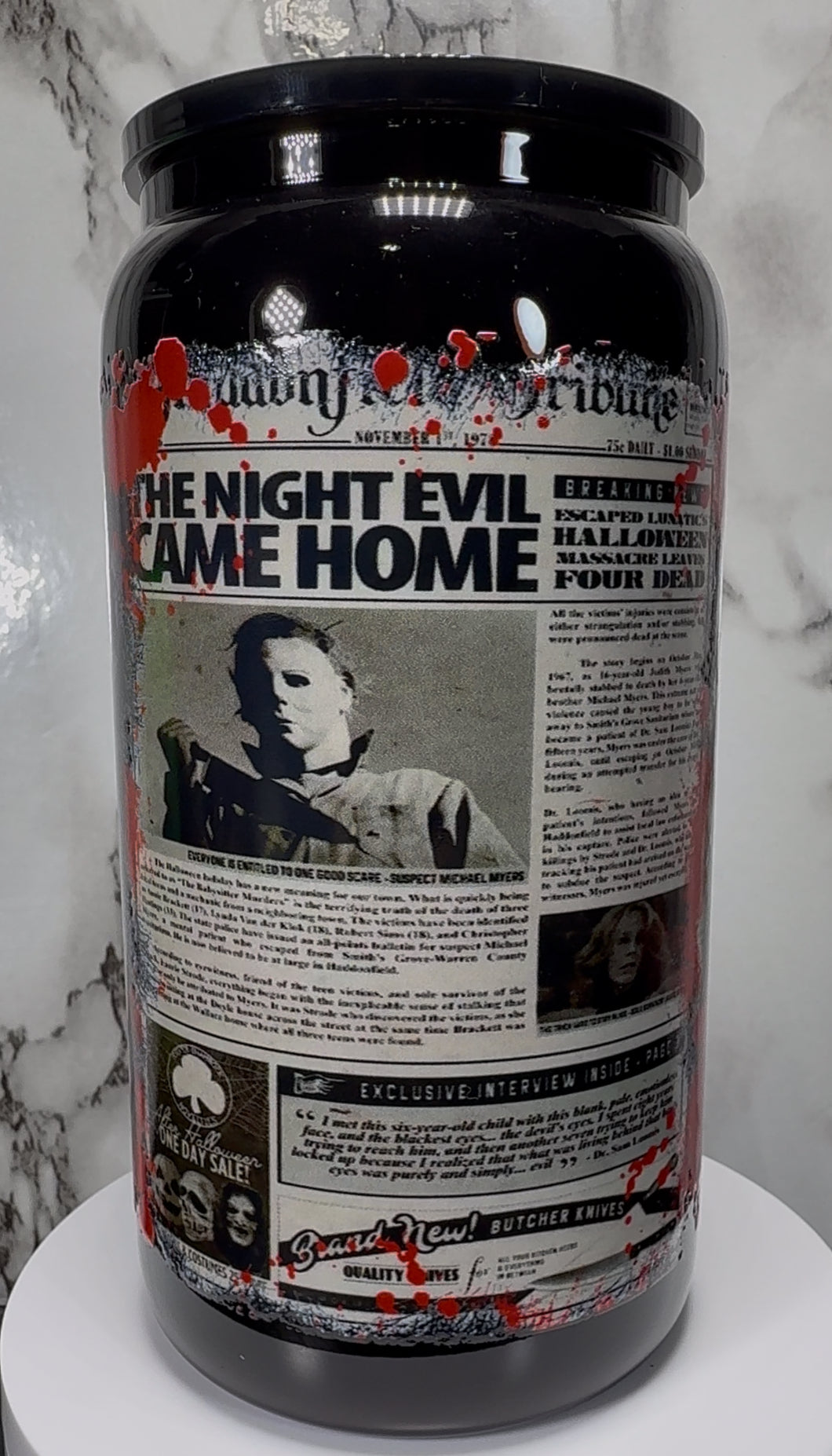 Michael Myers UVDTF on a black beer can glass
