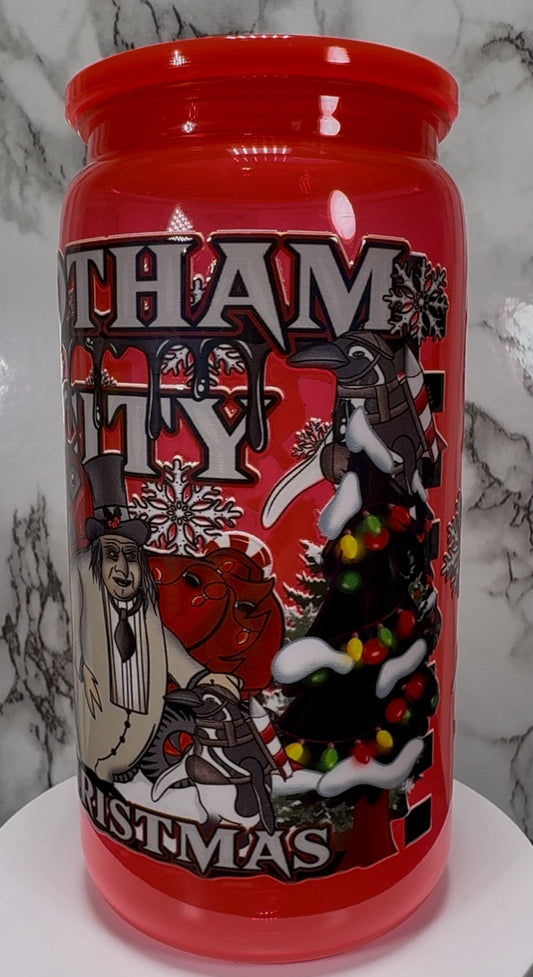 Gotham City Penguin UVDTF on a bright red PLASTIC beer can cup