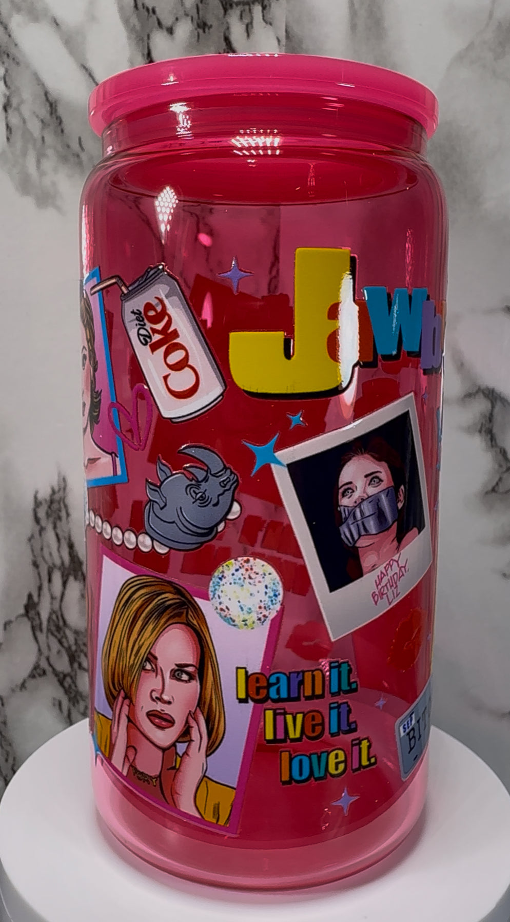 Jawbreaker UVDTF on a hot pink beer can glass