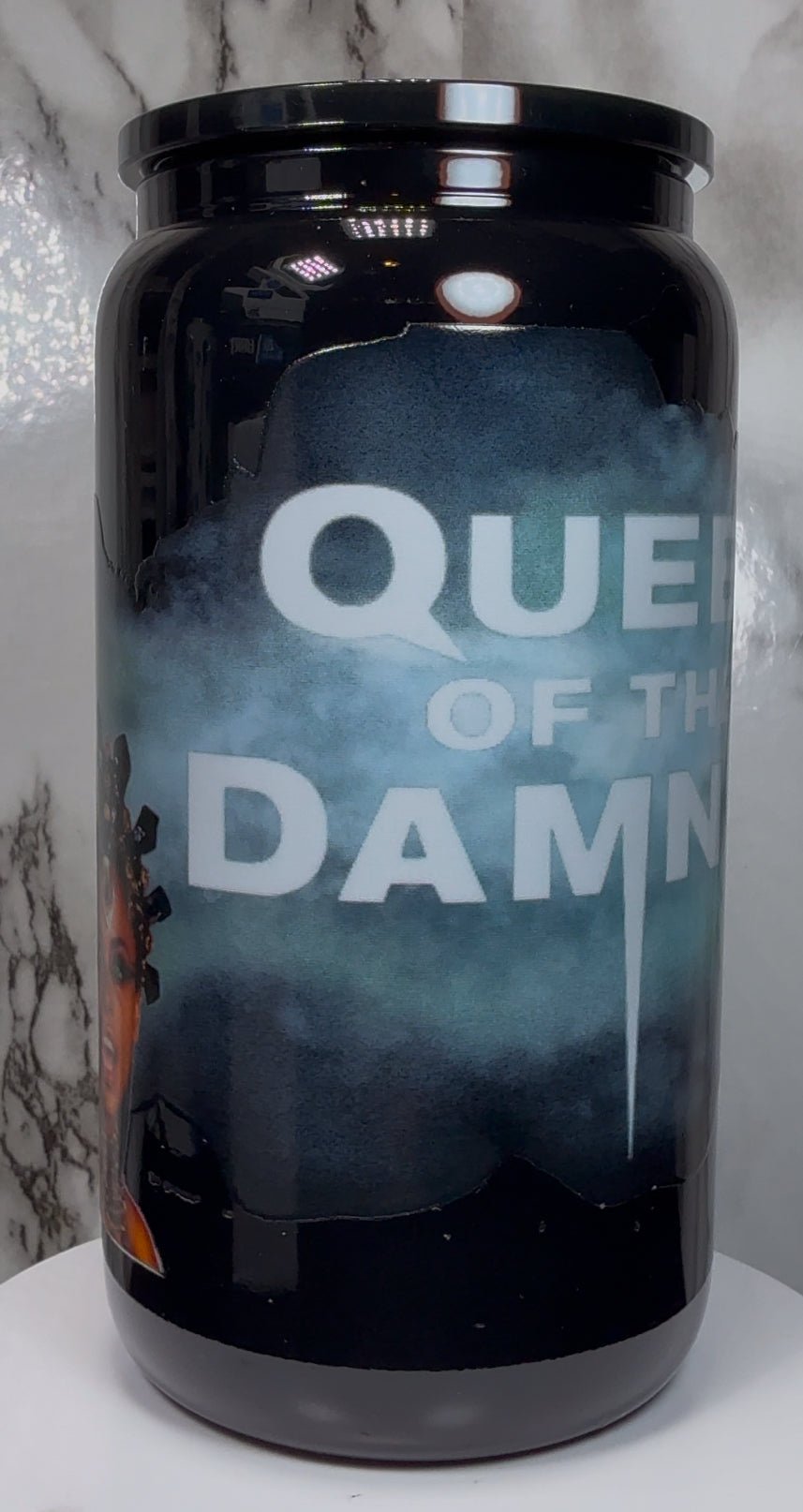Queen of the Damned UVDTF on a black beer can glass