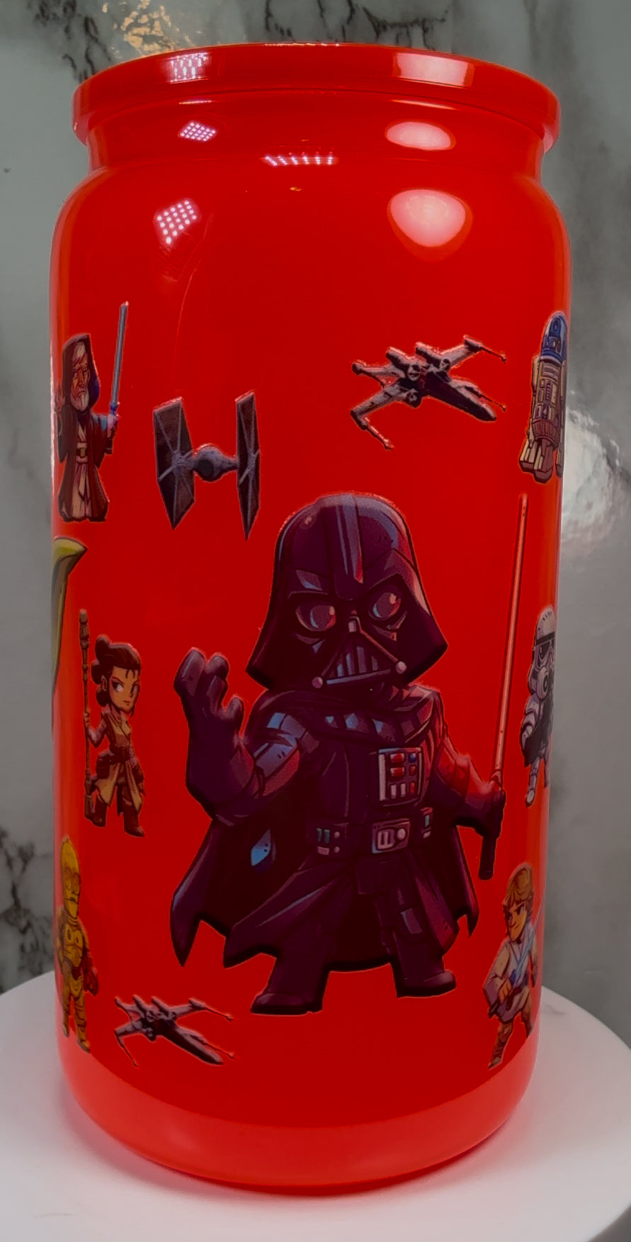 Star Wars UVDTF on a bright red beer can glass