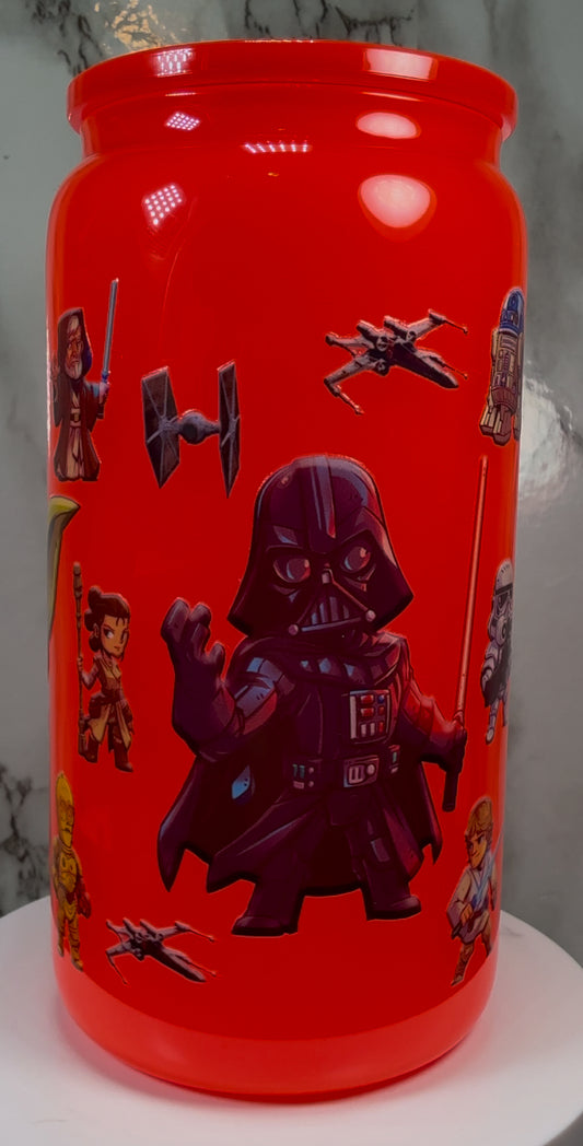 Star Wars UVDTF on a bright red beer can glass