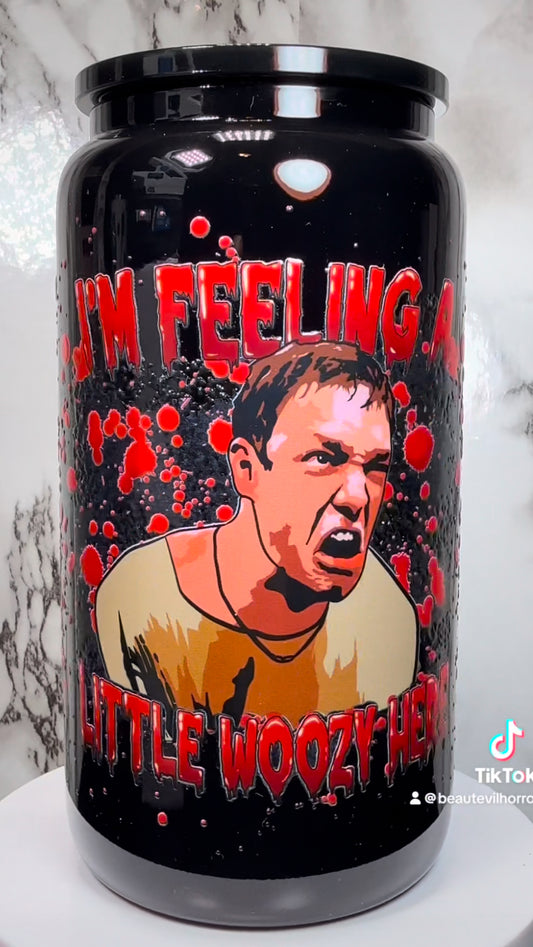 Stu Macher I’m Feeling Woozy Here UVDTF on a black beer can glass