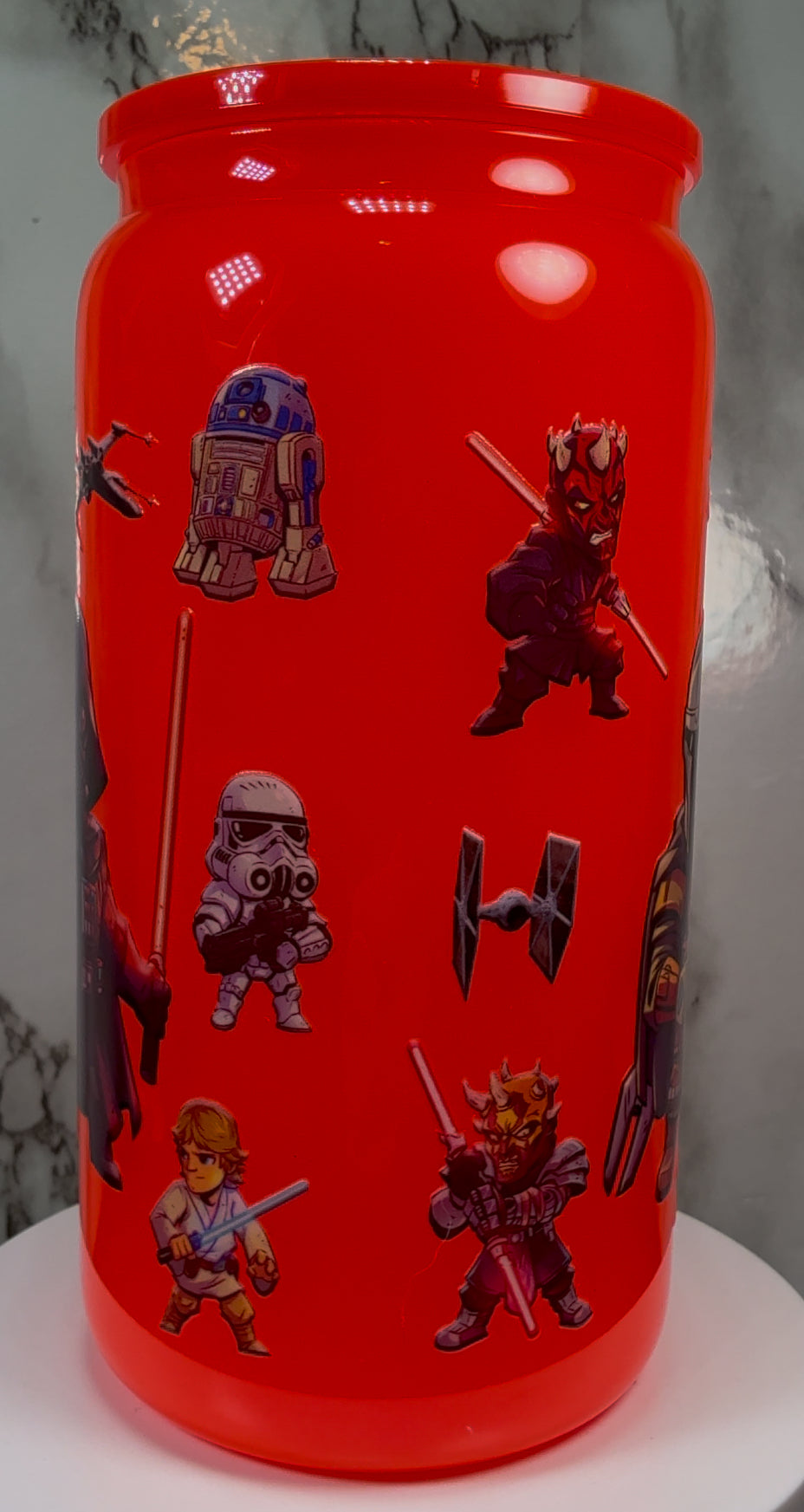 Star Wars UVDTF on a bright red beer can glass
