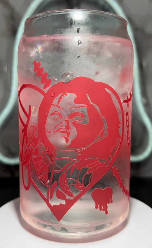 Valentine’s Day Chucky color changing permanent vinyl on a libbey beer can glass