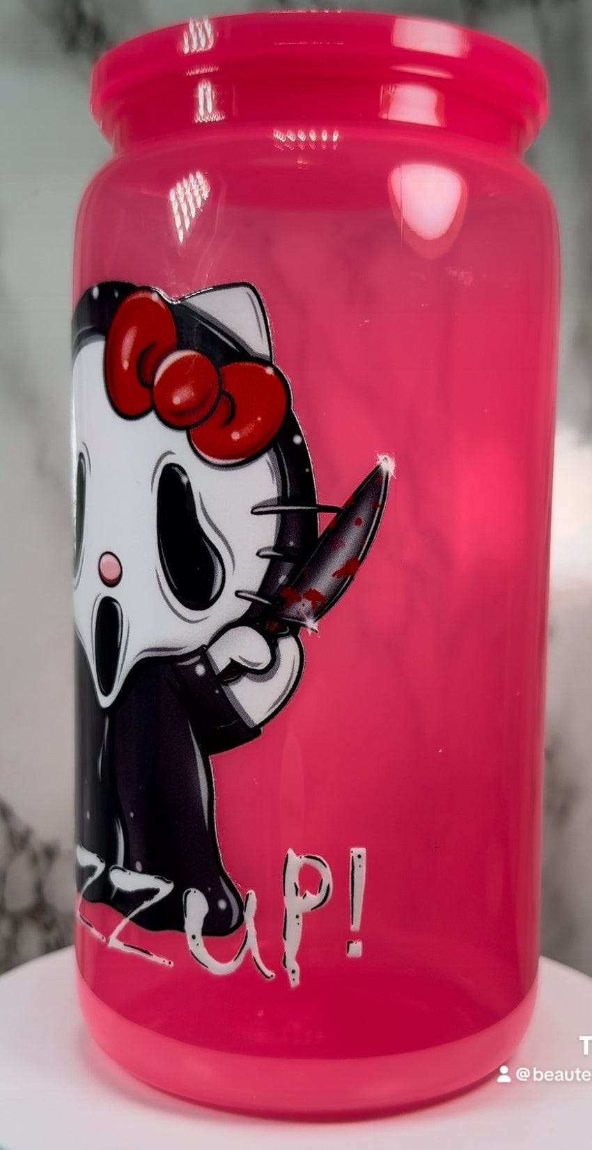 Hello Kitty Scream Ghostface UVDTF on a PLASTIC pink beer can cup