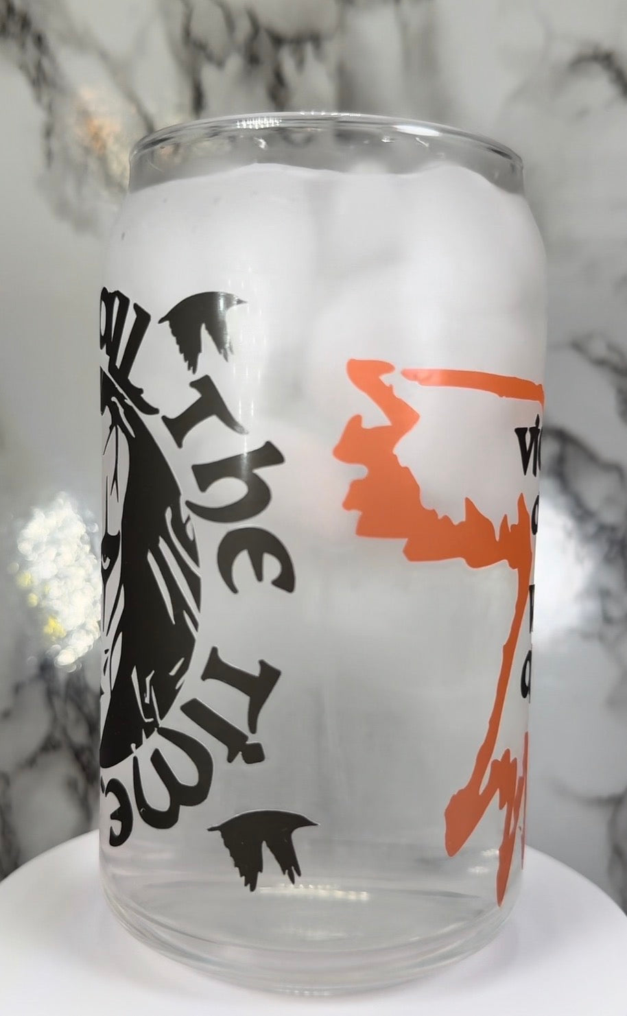 The Crow-It can’t rain all the time-Victims aren’t we all color changing permanent vinyl on a libbey beer can glass