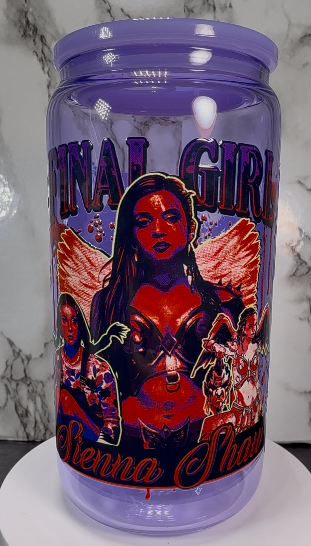 Final Girl Sienna Shaw Terrifier UVDTF on a purple beer can glass