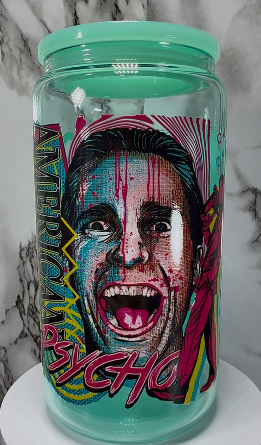 American Psycho Patrick Bateman UVDTF on a teal beer can glass