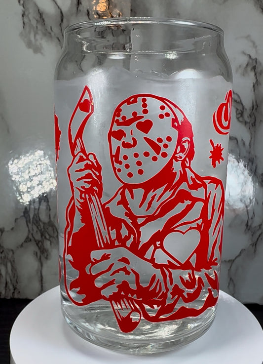 Valentine’s Day Friday the 13th Jason Voorhees color changing Red permanent vinyl on a libbey beer can glass.