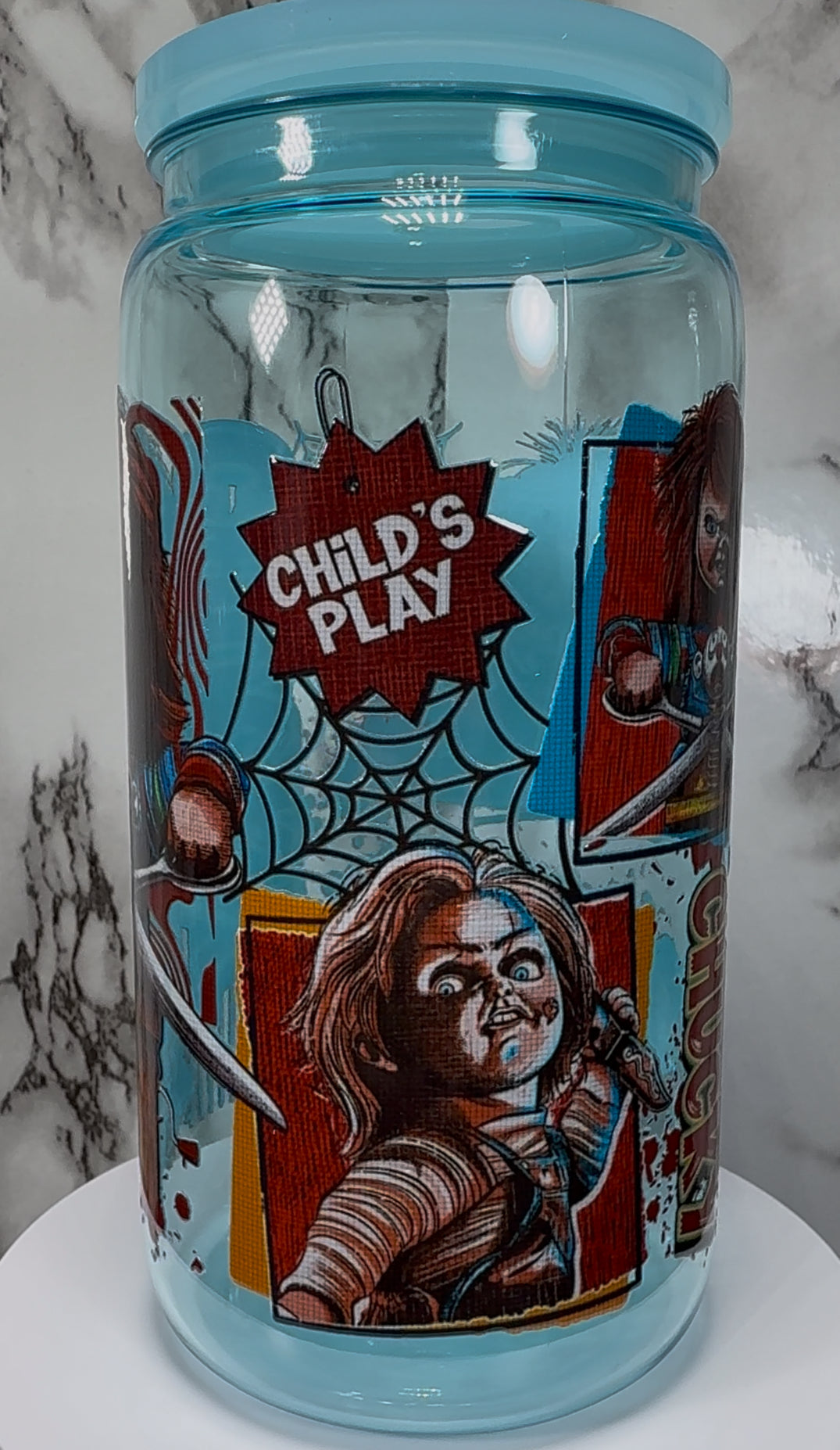 Chucky UVDTF on a blue PLASTIC beer can cup
